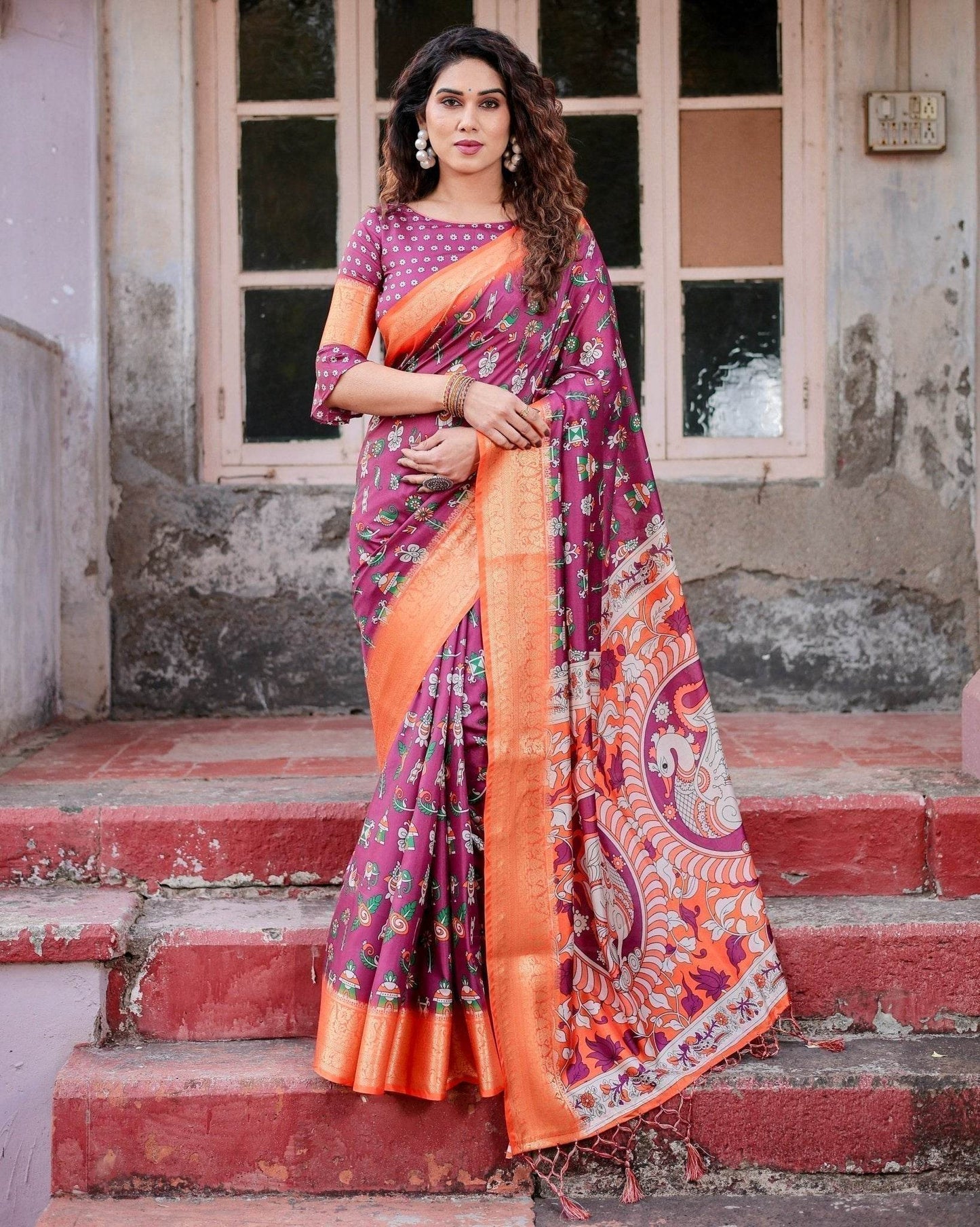 Wine Purple and Orange Tussar Silk Saree with Floral Motifs and Artistic Pallu - SEEANS