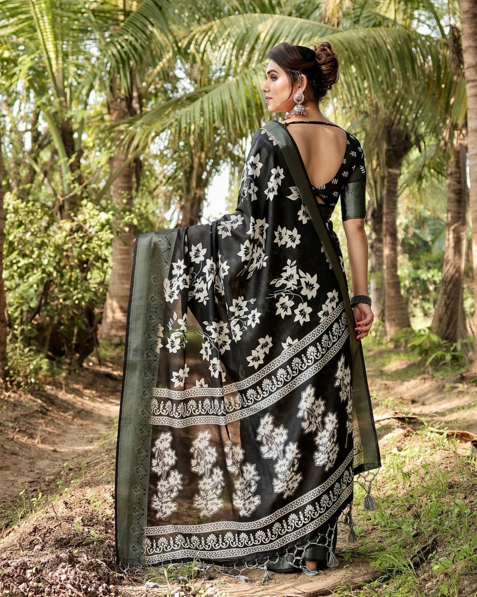 Elegant Black Tussar Silk Saree with Zari Embellished Border and Bold Floral Pallu - SEEANS