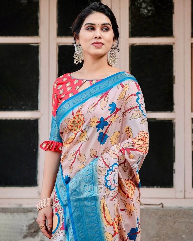 Beige and Red Tussar Silk Saree with Divine Motifs and Floral Zari Border - SEEANS