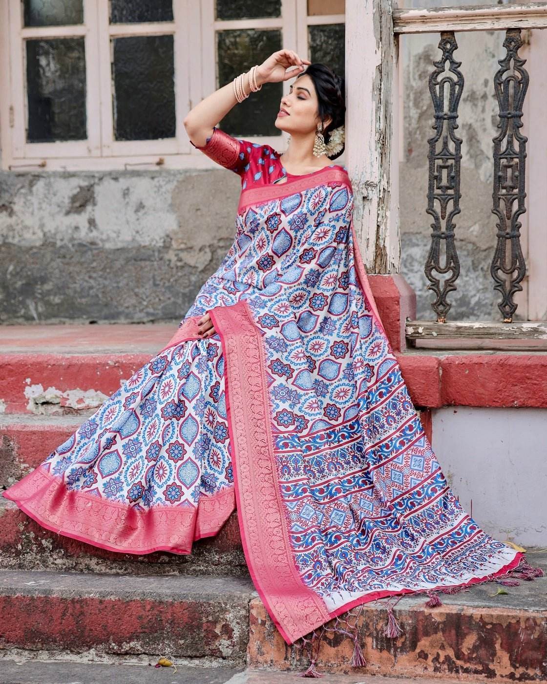 White and Red Tussar Silk Saree with Vibrant Floral Geometric Motifs and Ornamental Zari Border - SEEANS