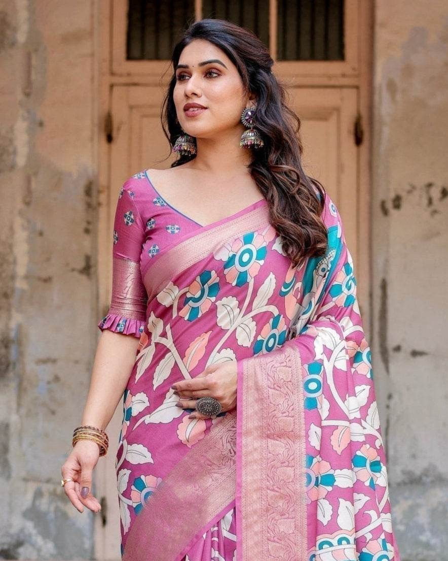 Blush Pink Tussar Silk Saree with Elegant Peacock and Floral Kalamkari Design - SEEANS