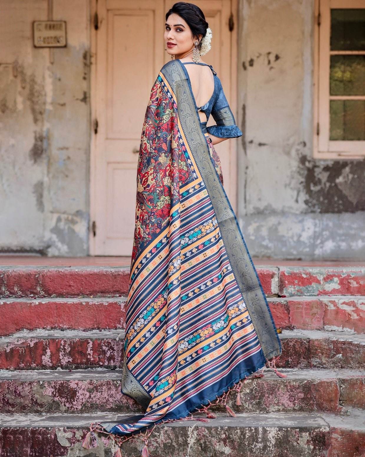 Multicolor Tussar Silk Saree with Vibrant Floral Weaves and Striped Pallu - SEEANS