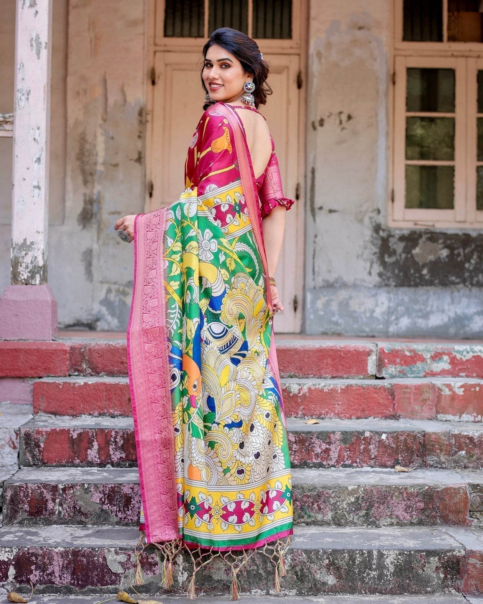 Magenta Tussar Silk Saree with Artistic Peacock & Floral Kalamkari Design - SEEANS