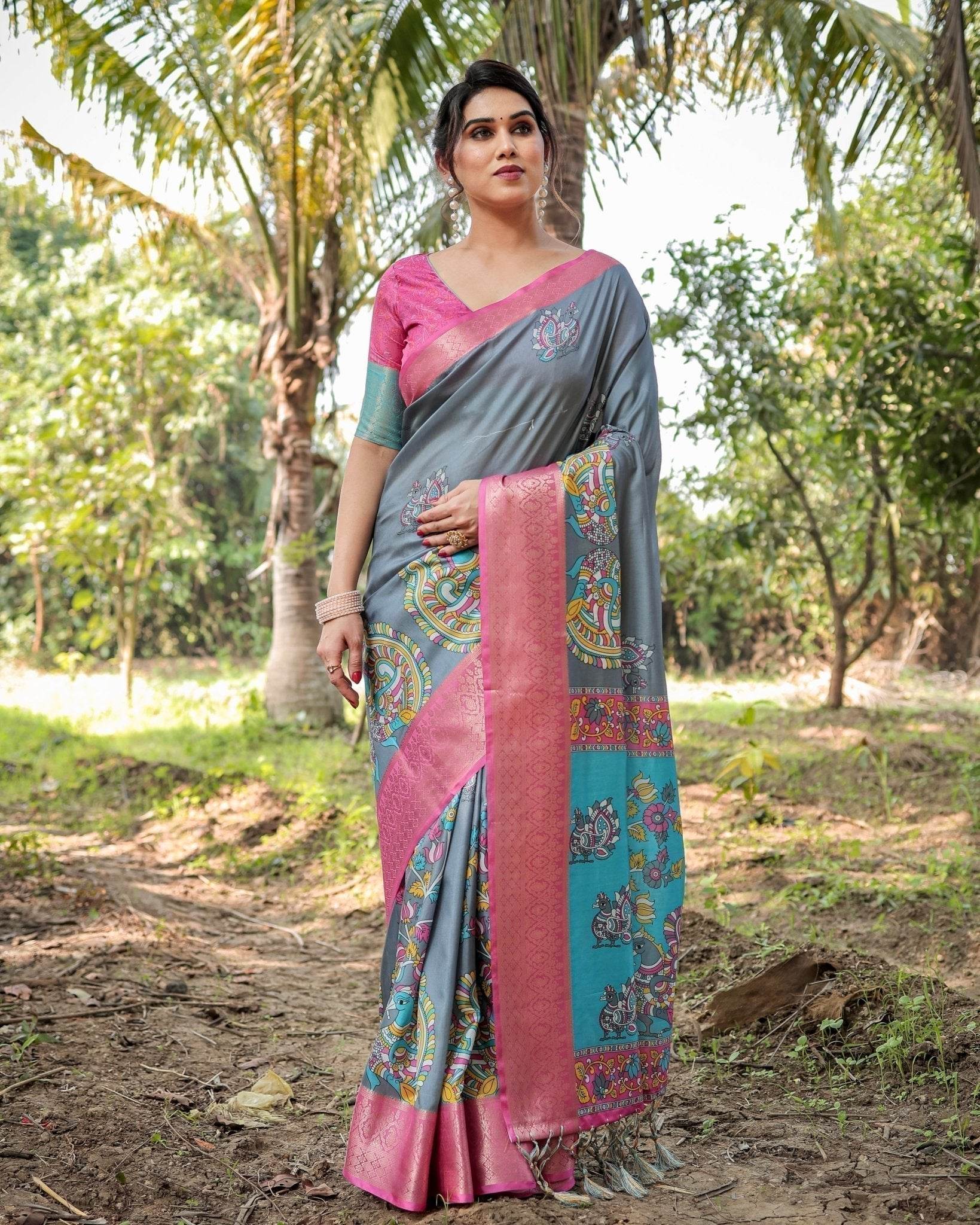 Pastel Grey and Turquoise Digital Print Tussar Silk Saree with Pink Zari Border and Peacock Motif Pallu - SEEANS