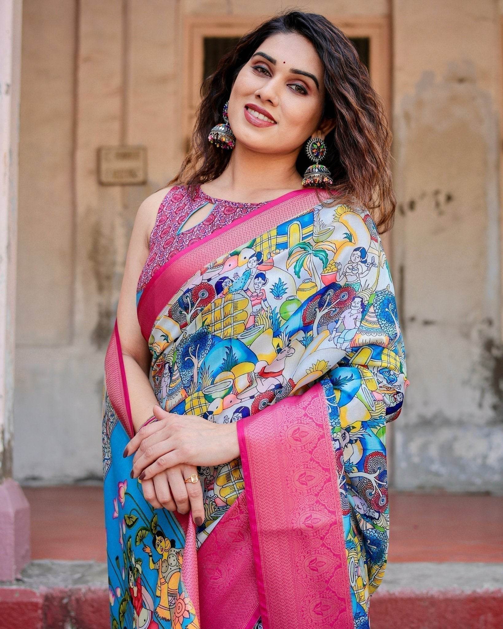 Vibrant Multicolor Digital Printed Tussar Silk Saree with Pink Zari Border - SEEANS