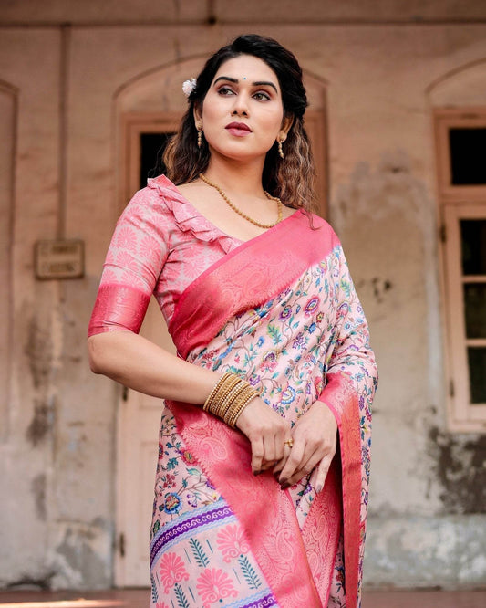 Blush Pink Tussar Silk Saree with Multicolor Floral Design and Zari Paisley Border - SEEANS