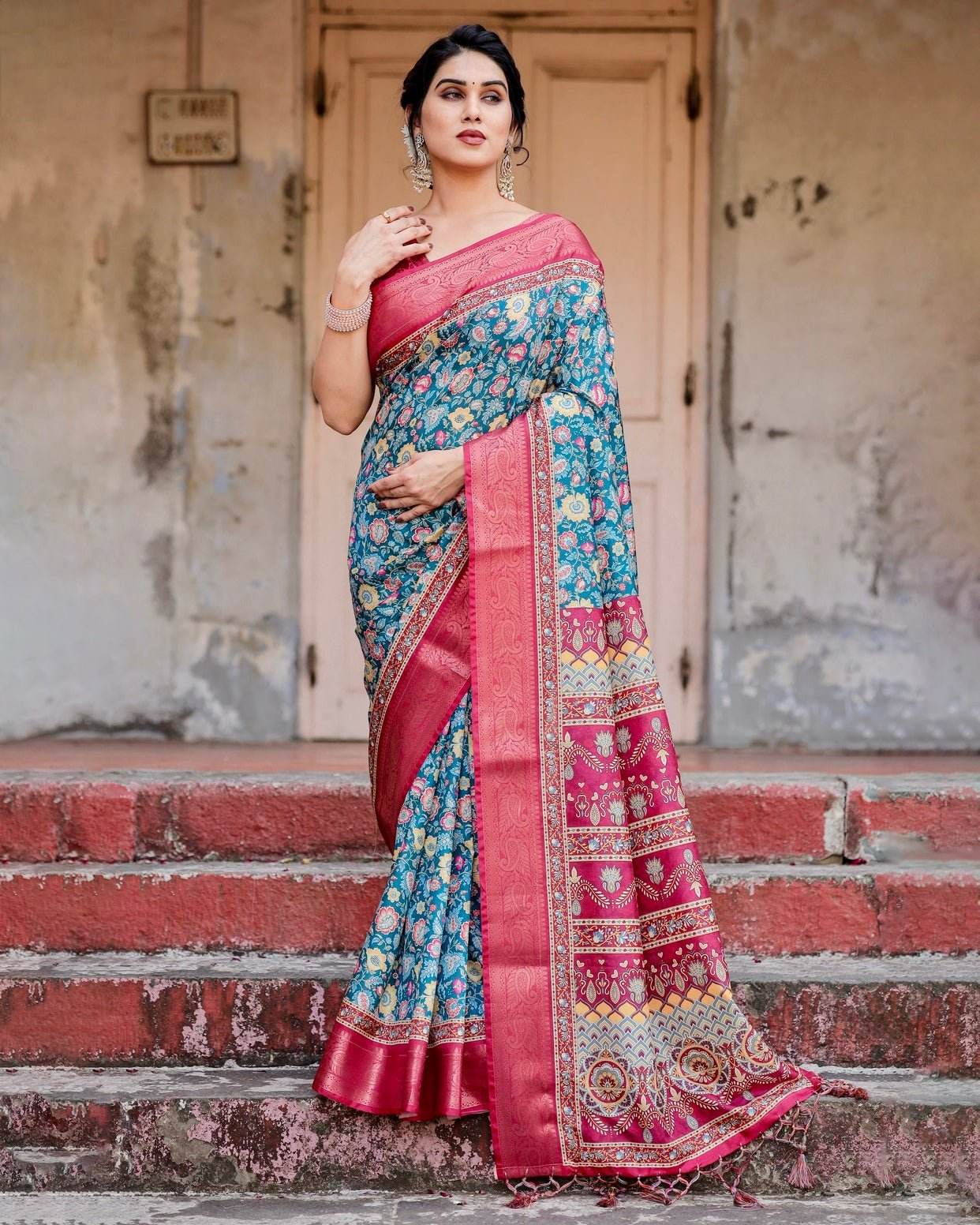 Teal Blue and Coral Tussar Silk Saree with Vibrant Floral Motifs and Ornamental Pallu - SEEANS