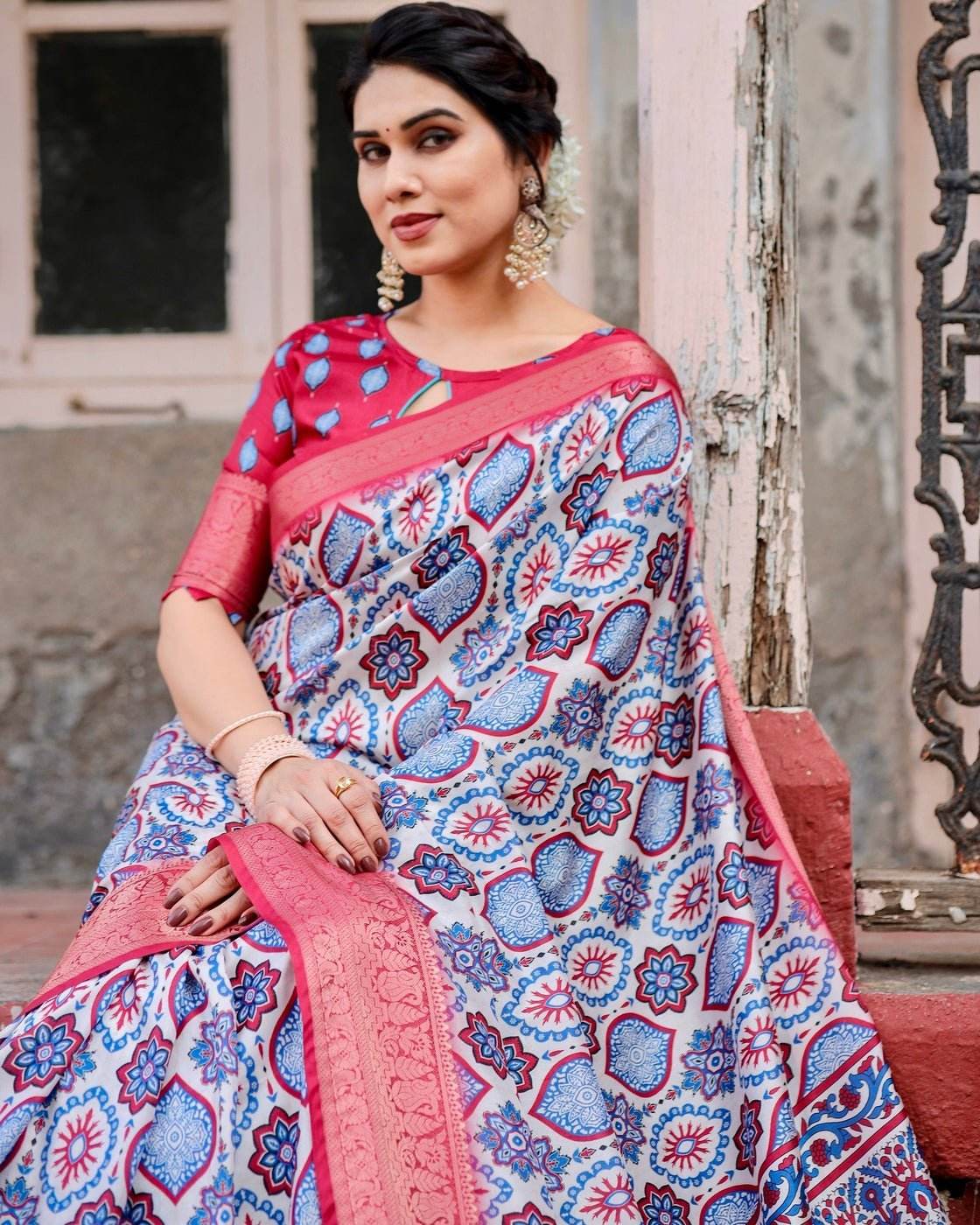 White and Red Tussar Silk Saree with Vibrant Floral Geometric Motifs and Ornamental Zari Border - SEEANS