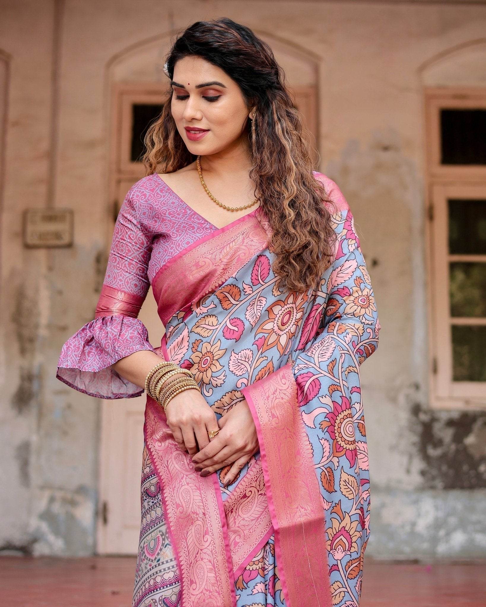 Graceful Grey Tussar Silk Saree with Pink Zari Border and Intricate Floral Motifs - SEEANS