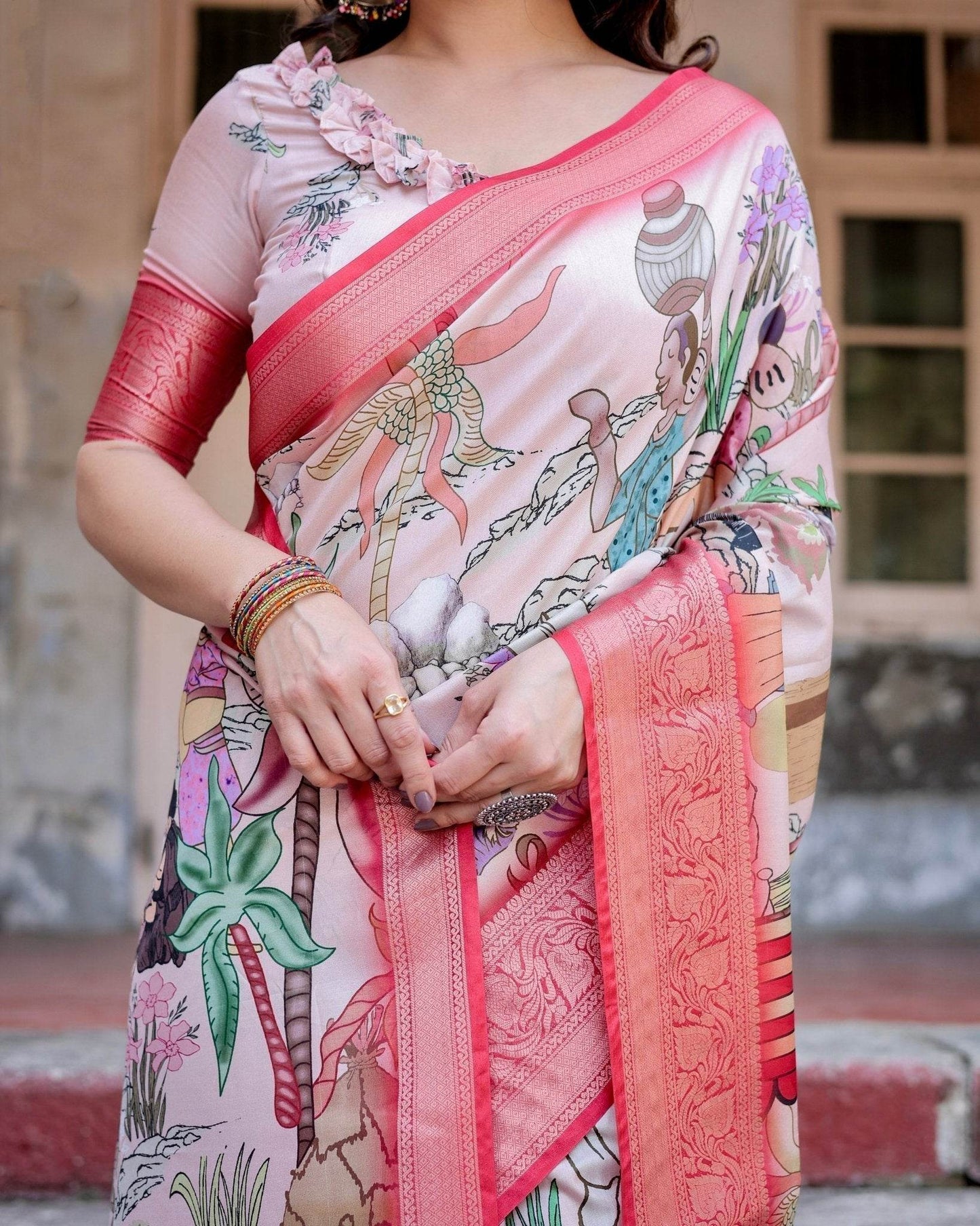 Blush Pink Digital Print Tussar Silk Saree with Vibrant Storyline Art - SEEANS