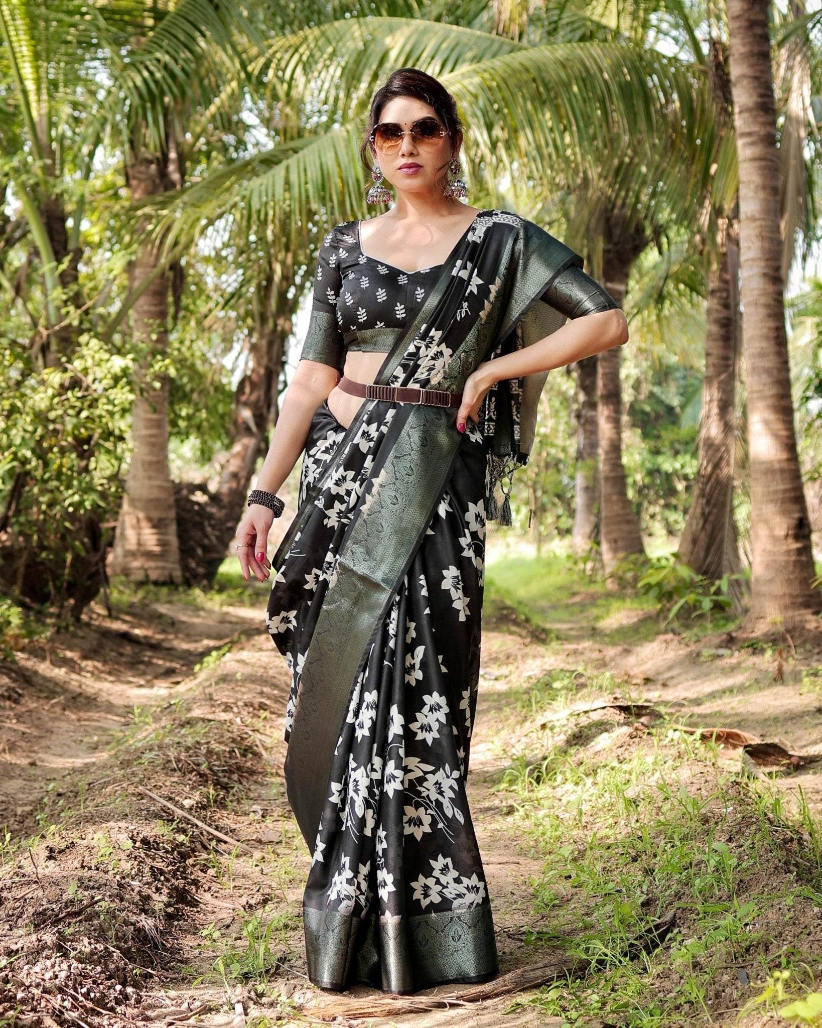 Elegant Black Tussar Silk Saree with Zari Embellished Border and Bold Floral Pallu - SEEANS