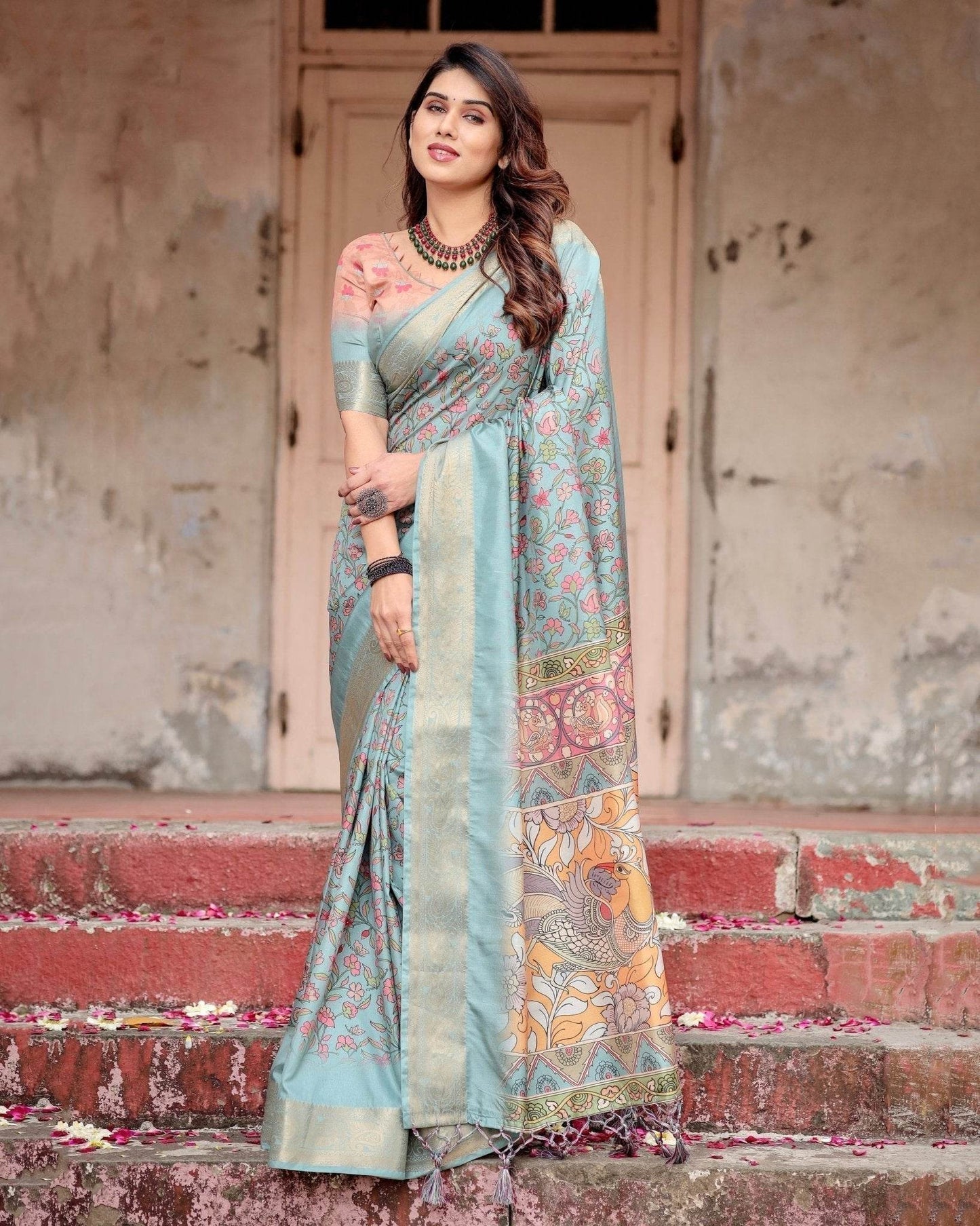 Sky Blue Tussar Silk Saree with Intricate Zari Border and Artistic Pallu Design - SEEANS