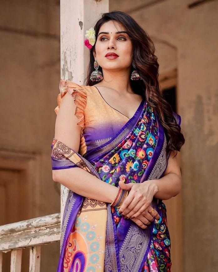 Royal Purple Tussar Silk Saree with Vibrant Floral Print and Peacock Motif Pallu - SEEANS