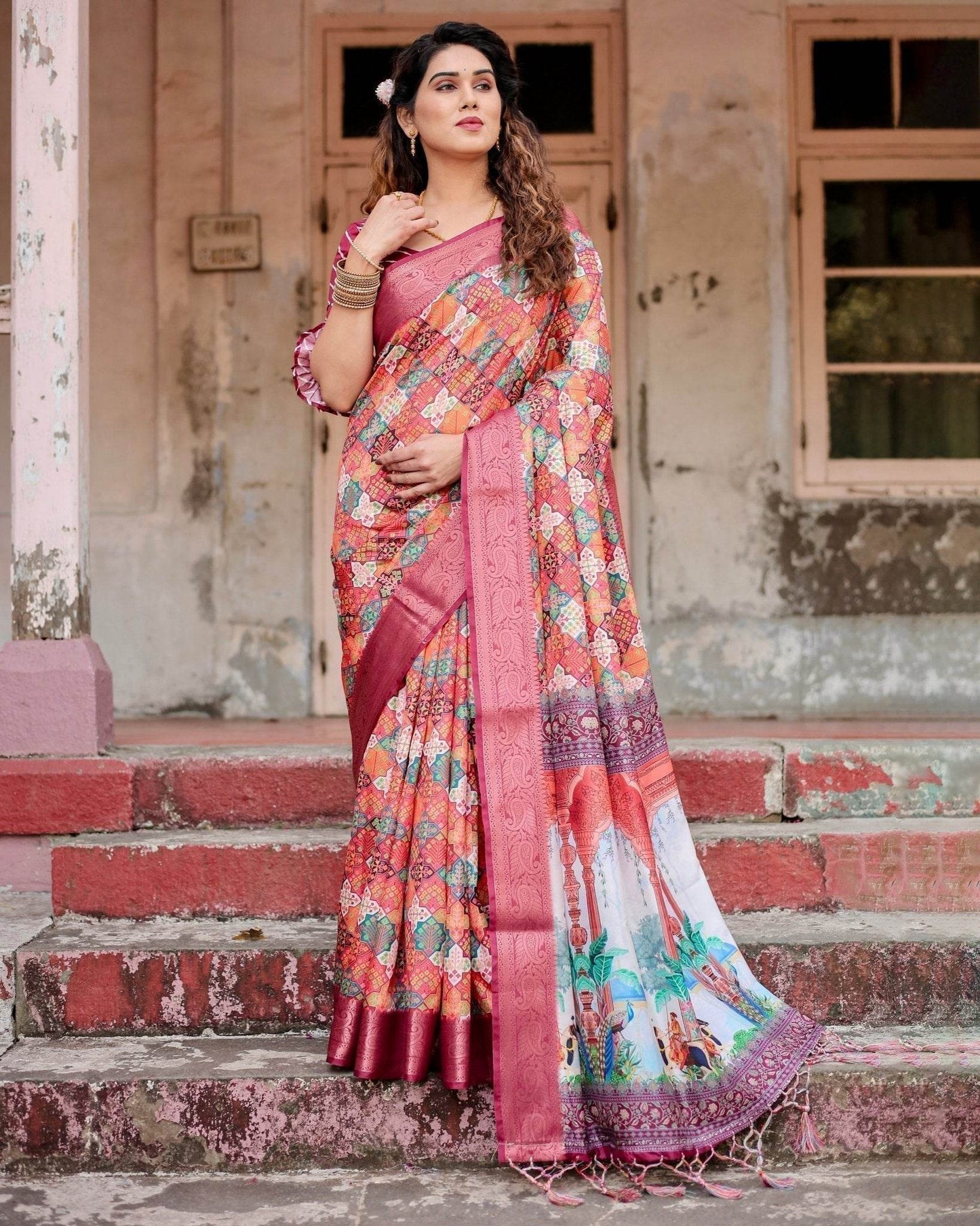 Maroon Tussar Silk Saree with Vibrant Geometric Tile Print and Zari Paisley Border - SEEANS