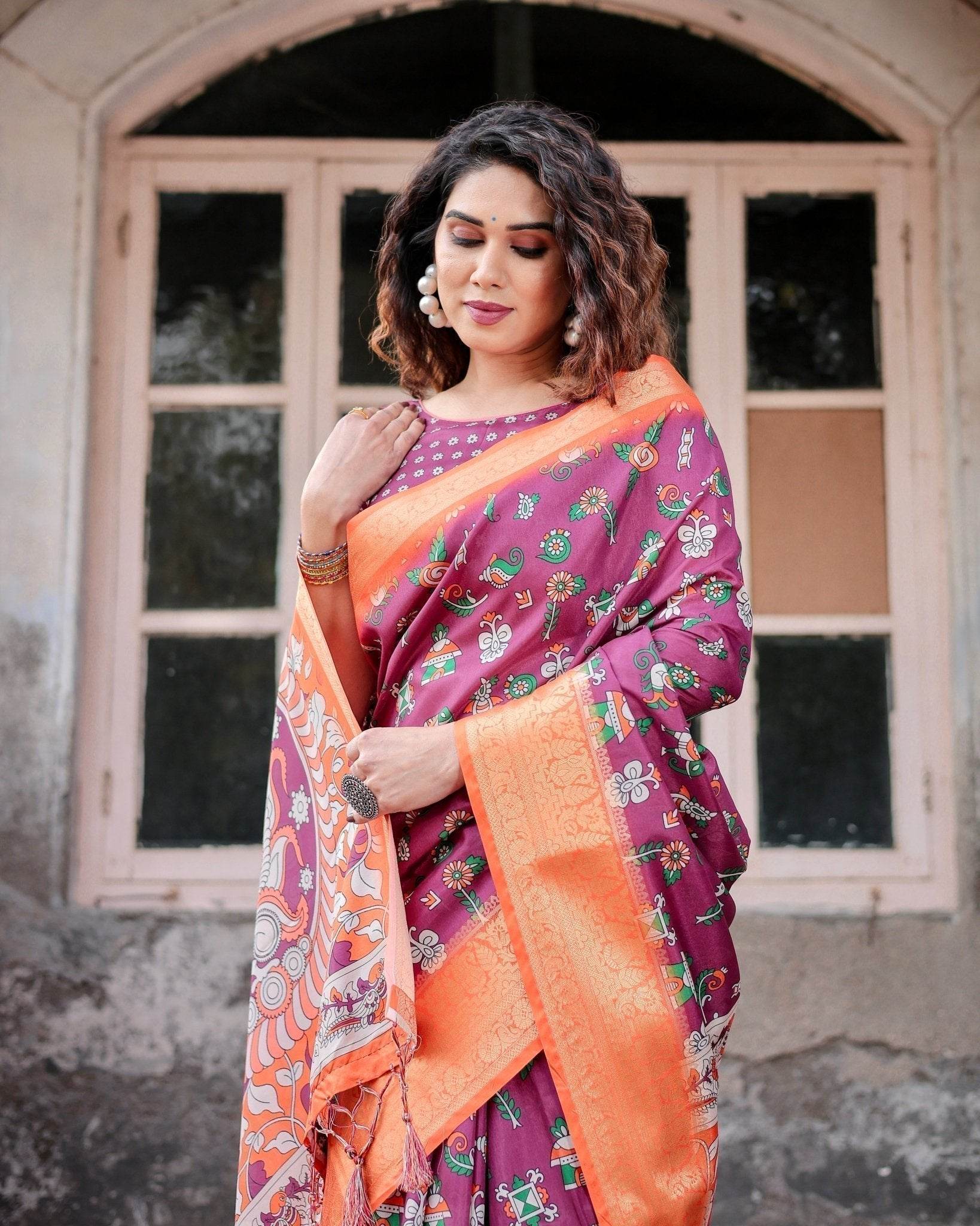 Wine Purple and Orange Tussar Silk Saree with Floral Motifs and Artistic Pallu - SEEANS