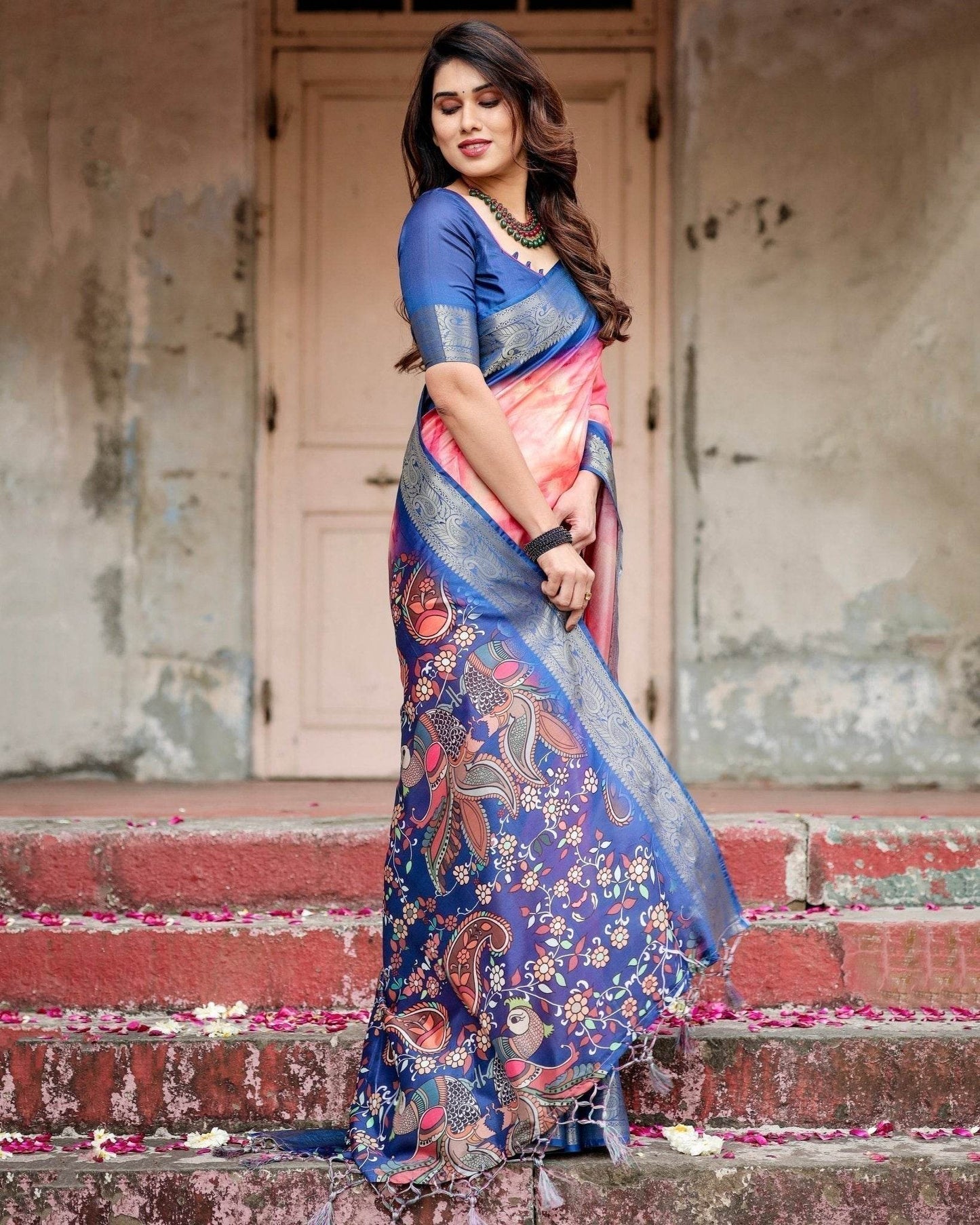 Pink and Blue Digital Printed Saree with Peacock Motif and Tassel Detail - SEEANS