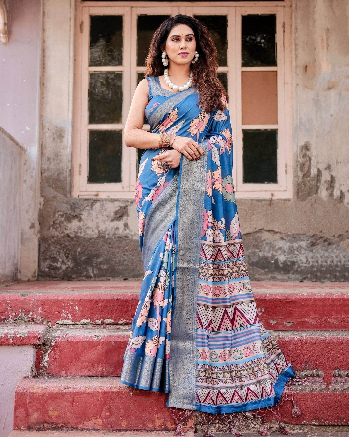 Sky Blue Tussar Silk Saree with Bold Floral Motifs and Chevron Pallu Design - SEEANS