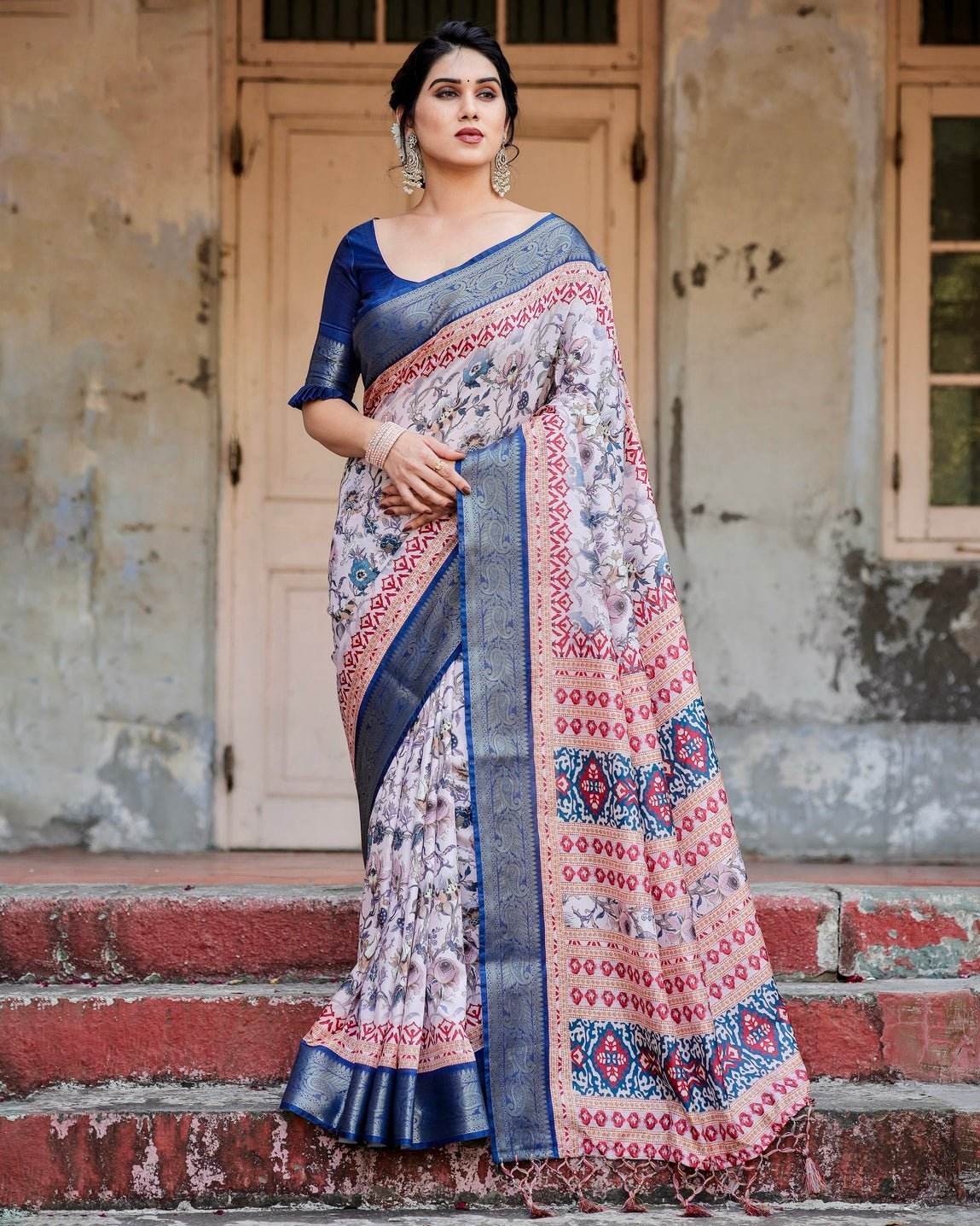 Ivory and Navy Blue Tussar Silk Saree with Floral Elegance and Ornamental Zari Work - SEEANS