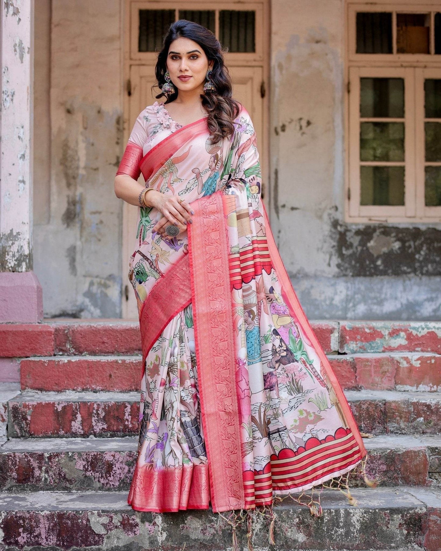 Blush Pink Digital Print Tussar Silk Saree with Vibrant Storyline Art - SEEANS