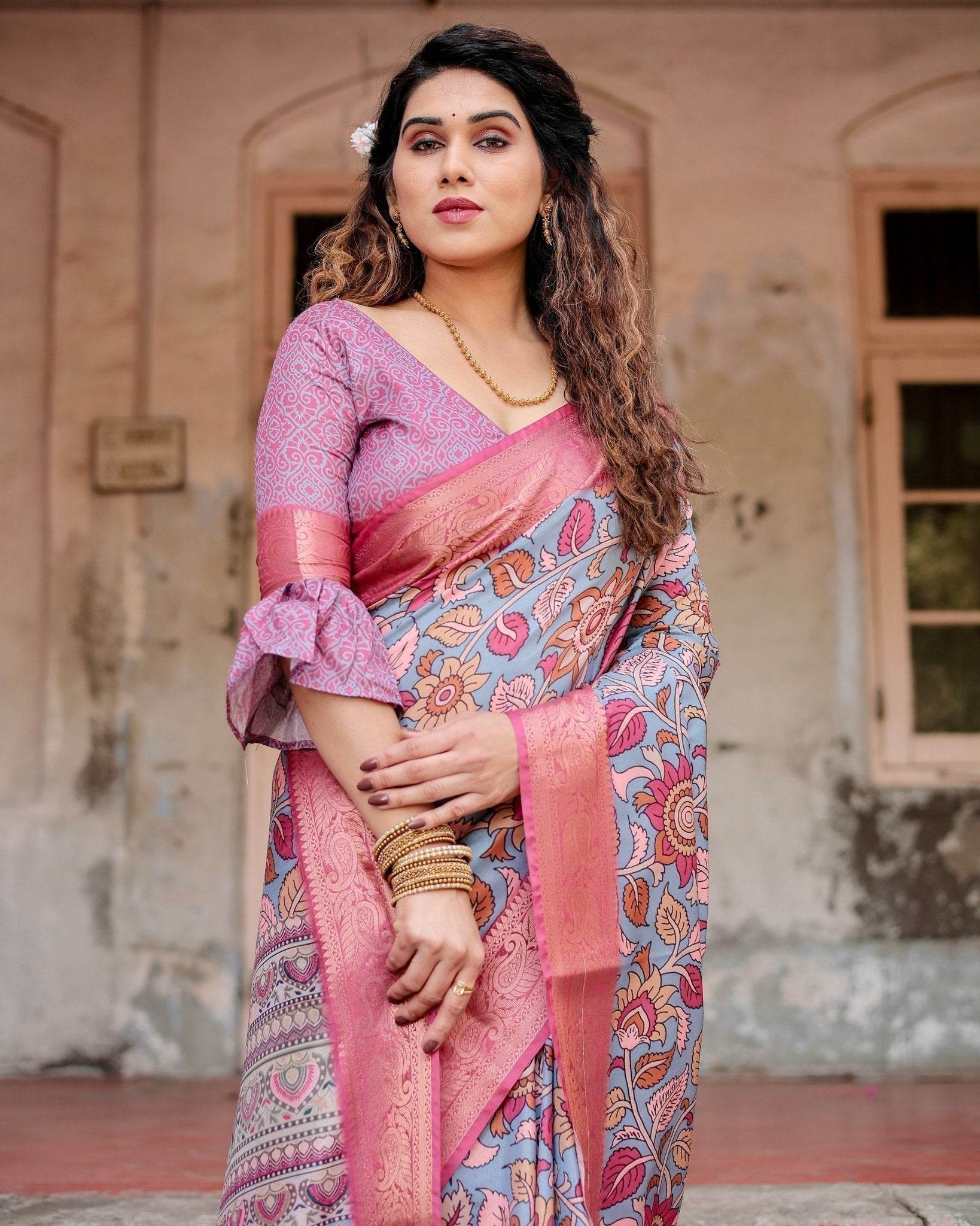 Graceful Grey Tussar Silk Saree with Pink Zari Border and Intricate Floral Motifs - SEEANS