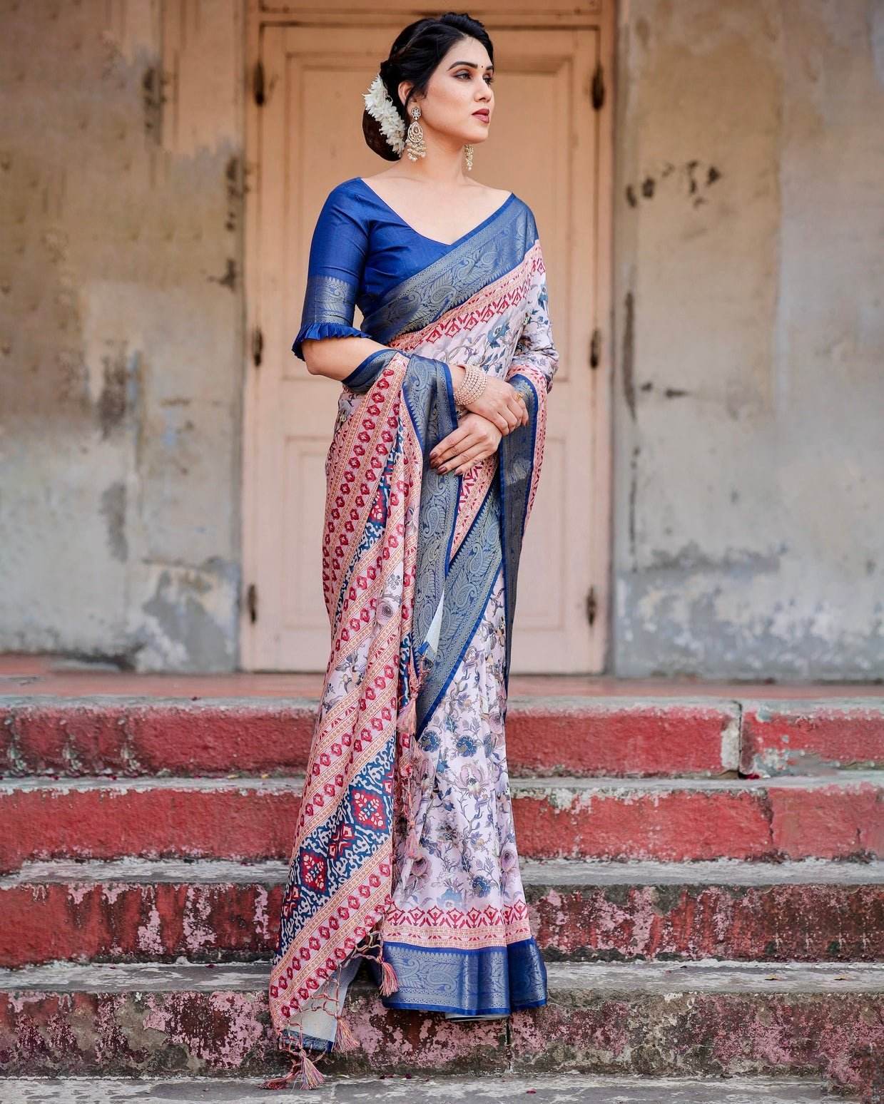 Ivory and Navy Blue Tussar Silk Saree with Floral Elegance and Ornamental Zari Work - SEEANS