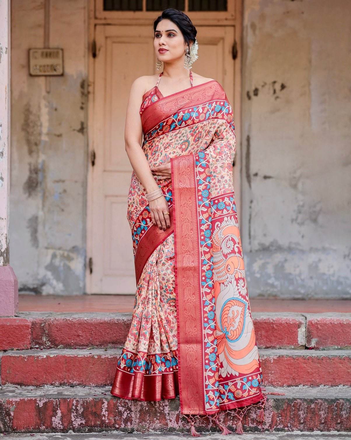 Beige and Coral Tussar Silk Saree with Intricate Floral Prints and Artistic Pallu - SEEANS