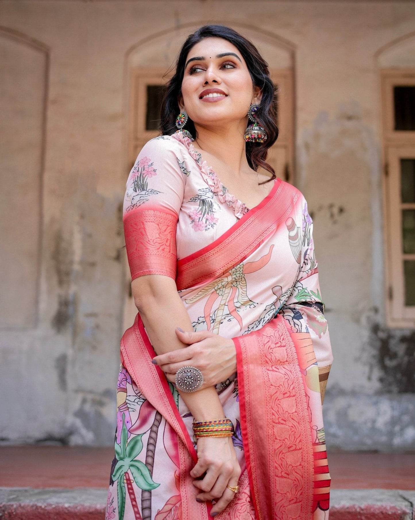 Blush Pink Digital Print Tussar Silk Saree with Vibrant Storyline Art - SEEANS