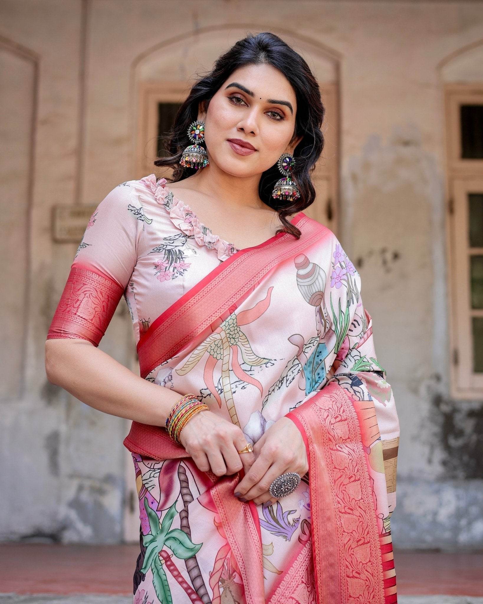 Blush Pink Digital Print Tussar Silk Saree with Vibrant Storyline Art - SEEANS