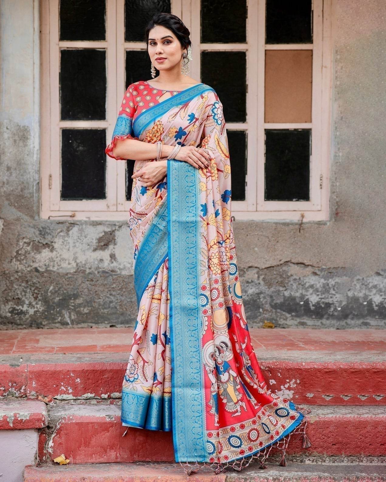 Beige and Red Tussar Silk Saree with Divine Motifs and Floral Zari Border - SEEANS