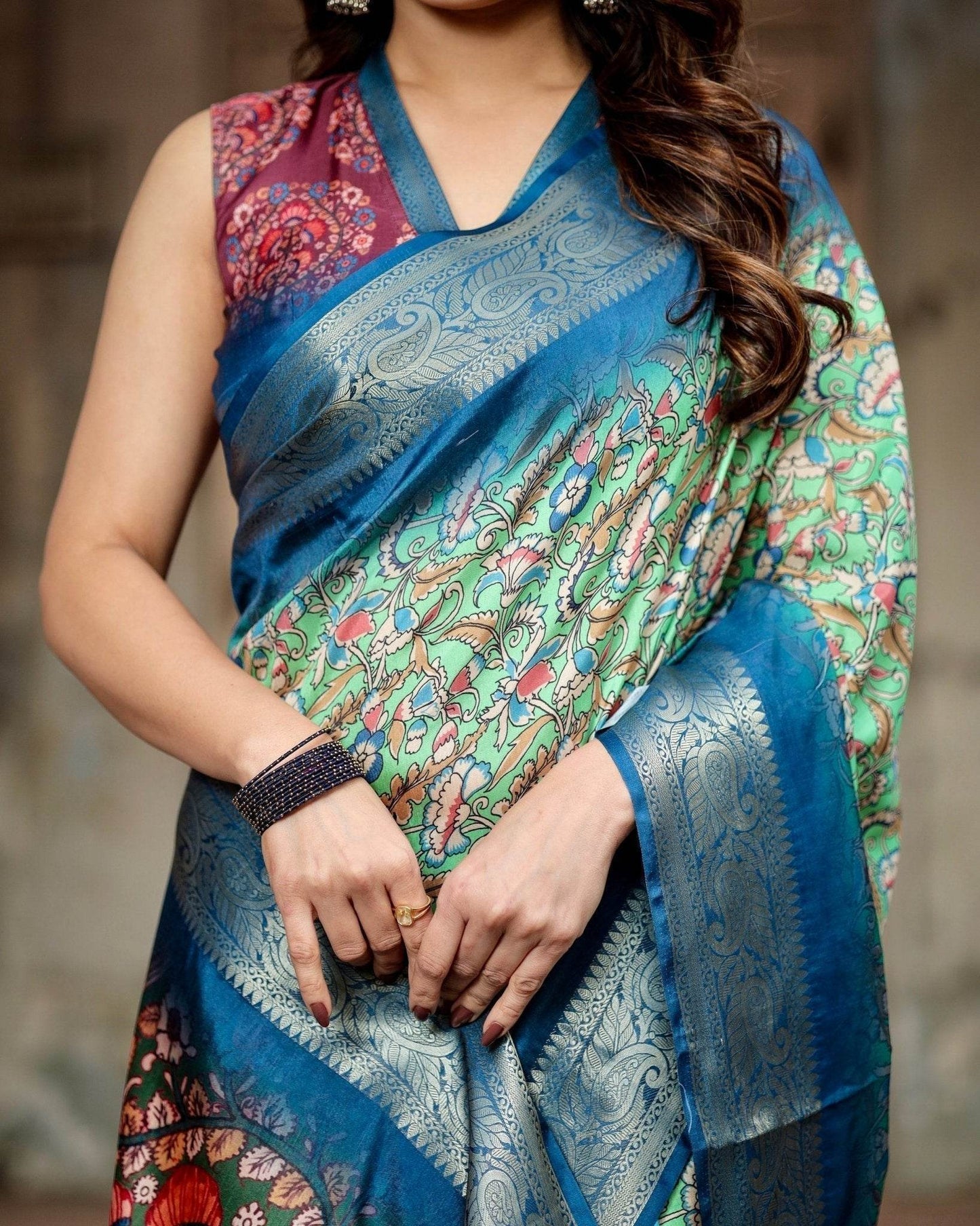 Majestic Blue and Green Digital Print Saree with Intricate Floral Motifs and Contrasting Pallu - SEEANS