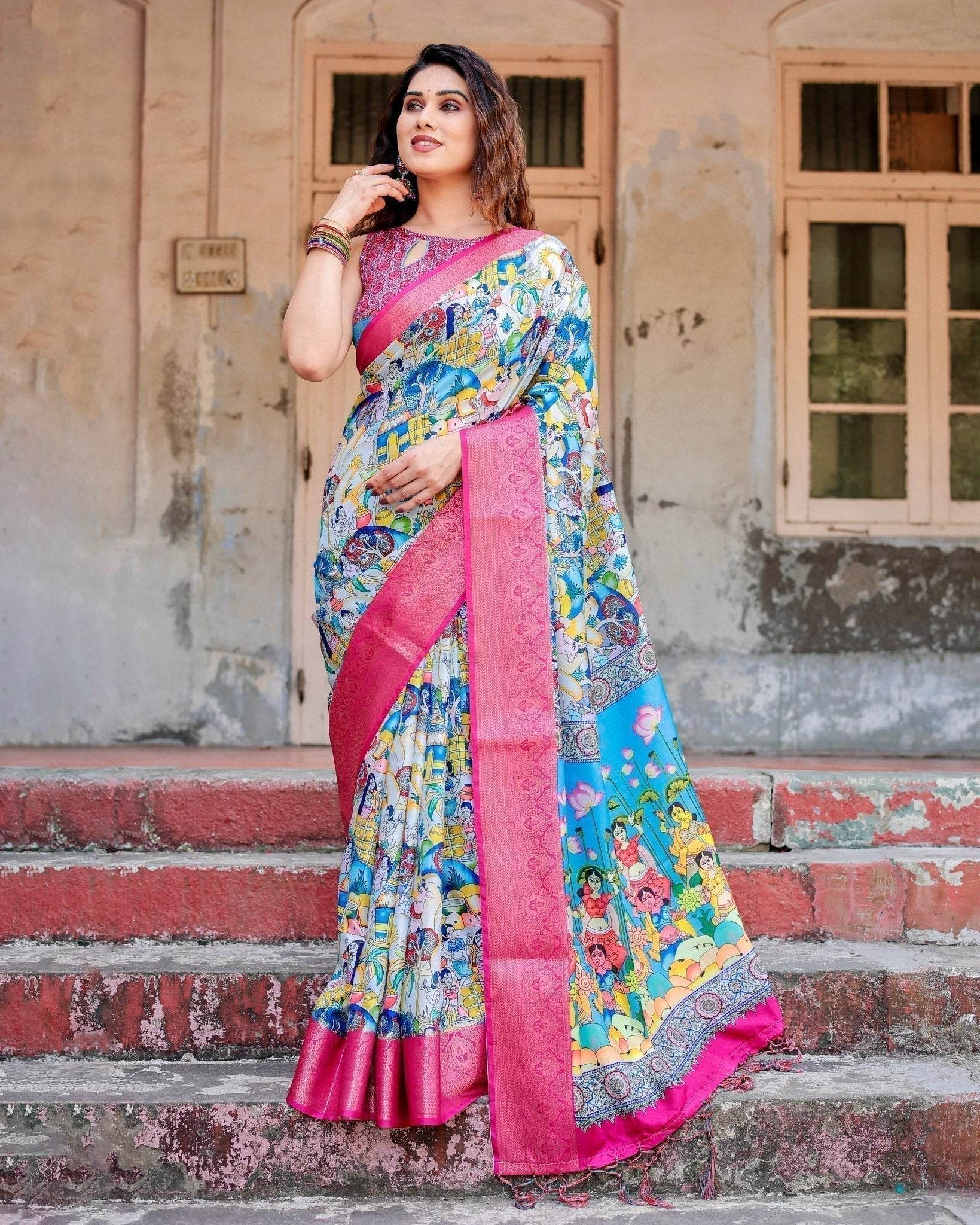 Vibrant Multicolor Digital Printed Tussar Silk Saree with Pink Zari Border - SEEANS