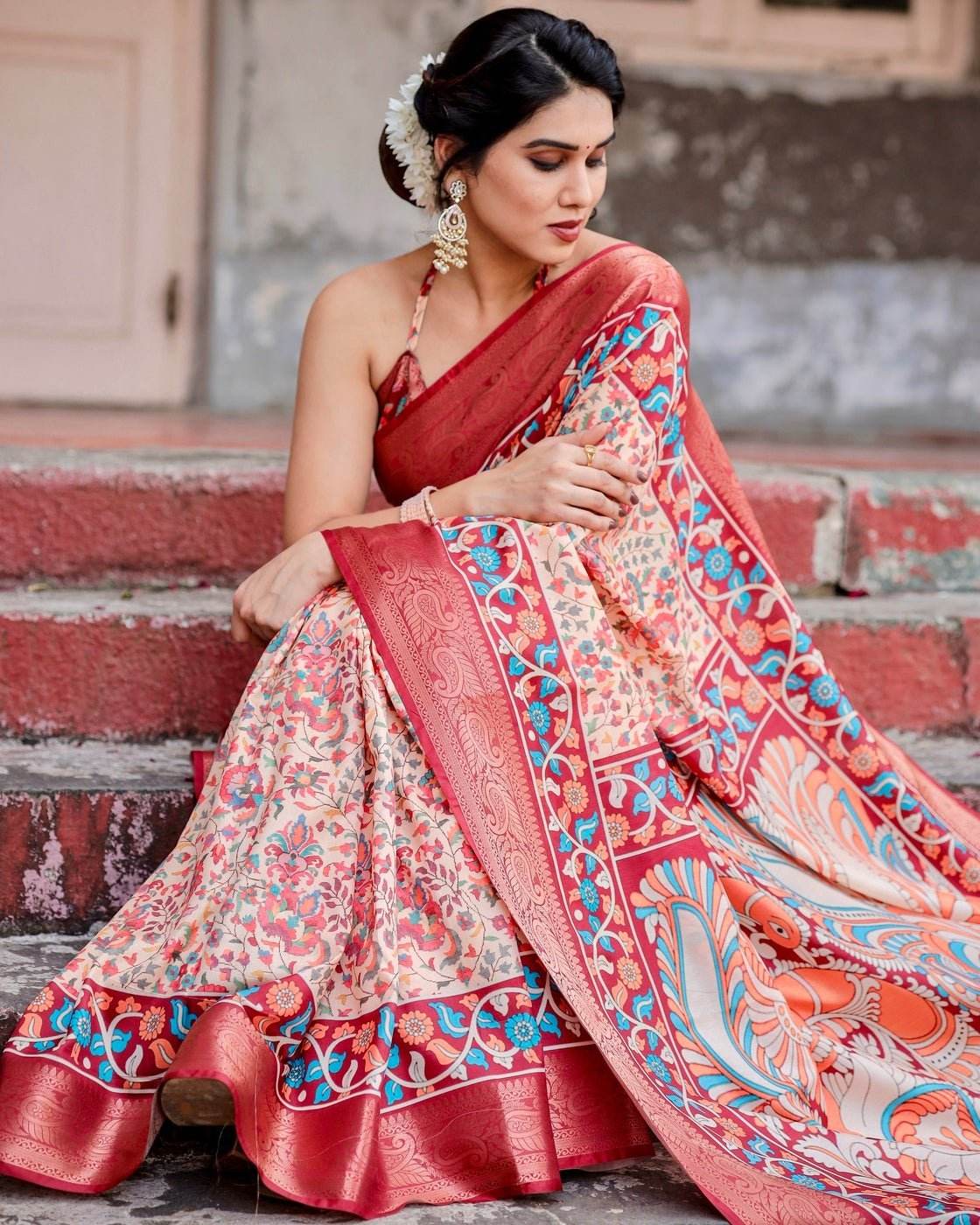 Beige and Coral Tussar Silk Saree with Intricate Floral Prints and Artistic Pallu - SEEANS