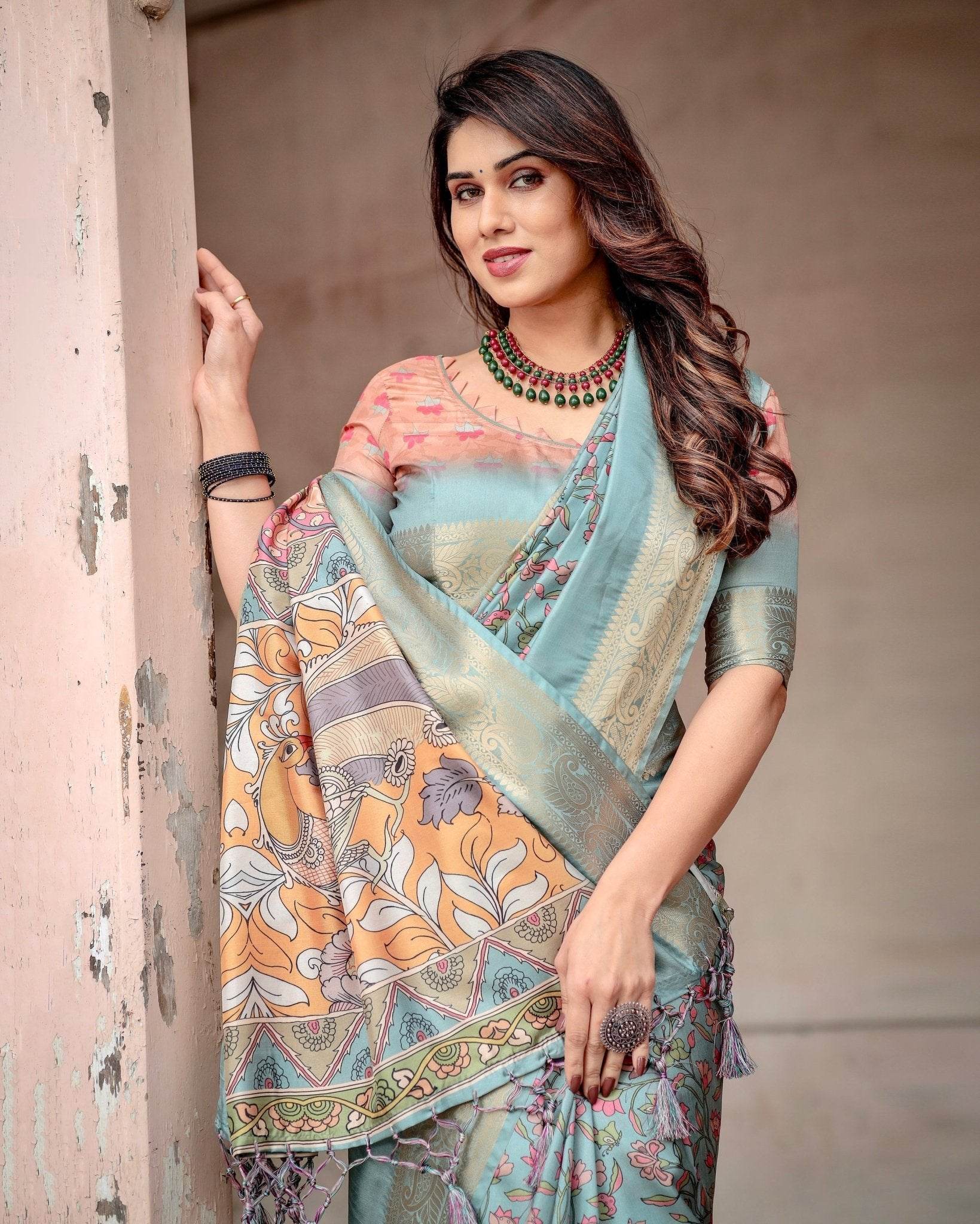 Sky Blue Tussar Silk Saree with Intricate Zari Border and Artistic Pallu Design - SEEANS