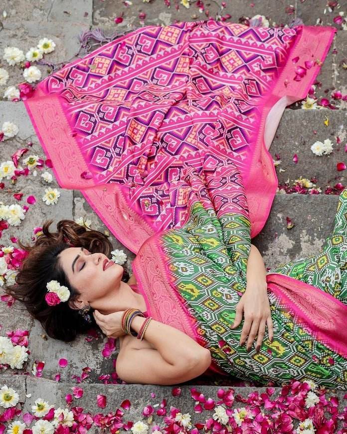 Green and Pink Tussar Silk Saree with Vibrant Ikat Patterns and Zari Border - SEEANS