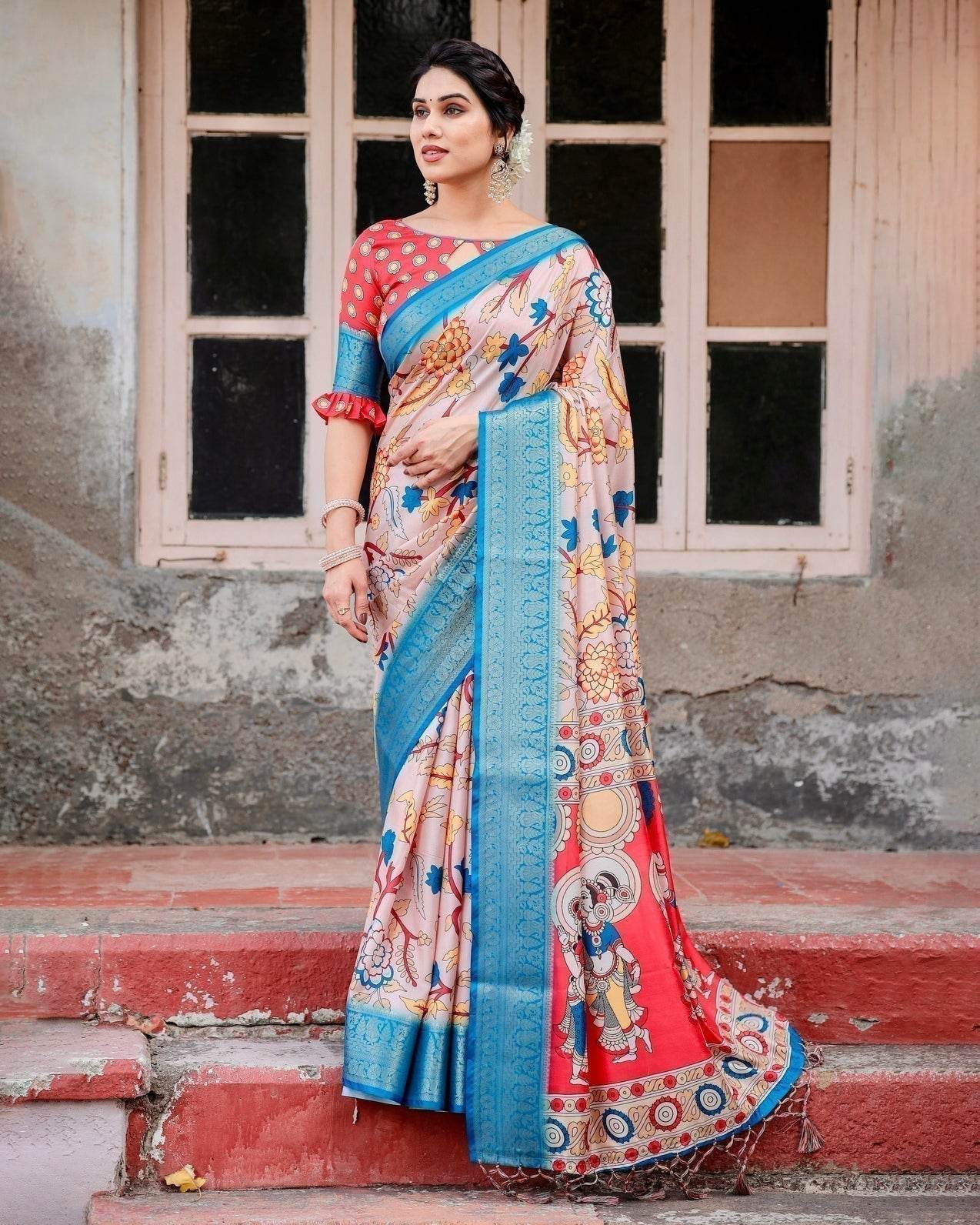 Beige and Red Tussar Silk Saree with Divine Motifs and Floral Zari Border - SEEANS