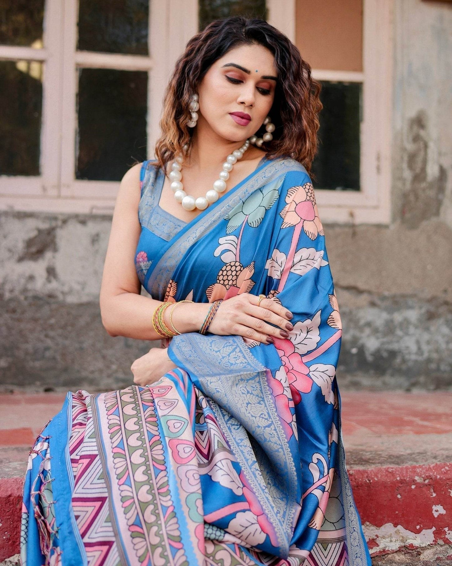 Sky Blue Tussar Silk Saree with Bold Floral Motifs and Chevron Pallu Design - SEEANS