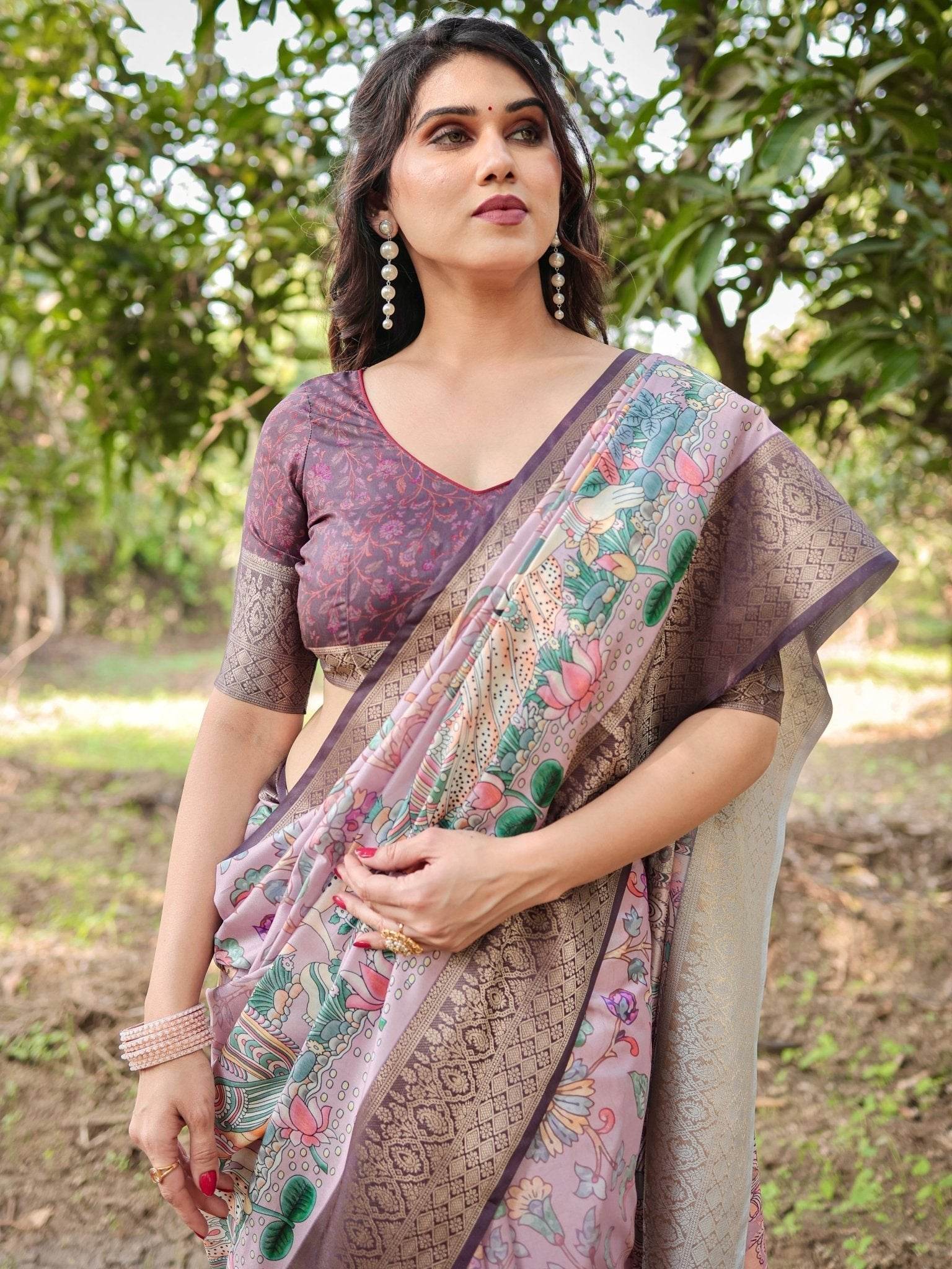 Lilac and Purple Digital Print Tussar Silk Saree with Zari Diamond Border and Lotus Motif Pallu - SEEANS