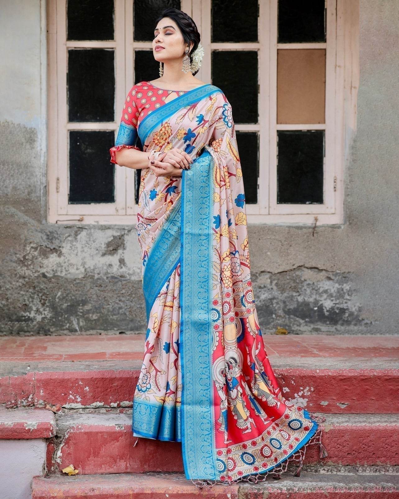 Beige and Red Tussar Silk Saree with Divine Motifs and Floral Zari Border - SEEANS