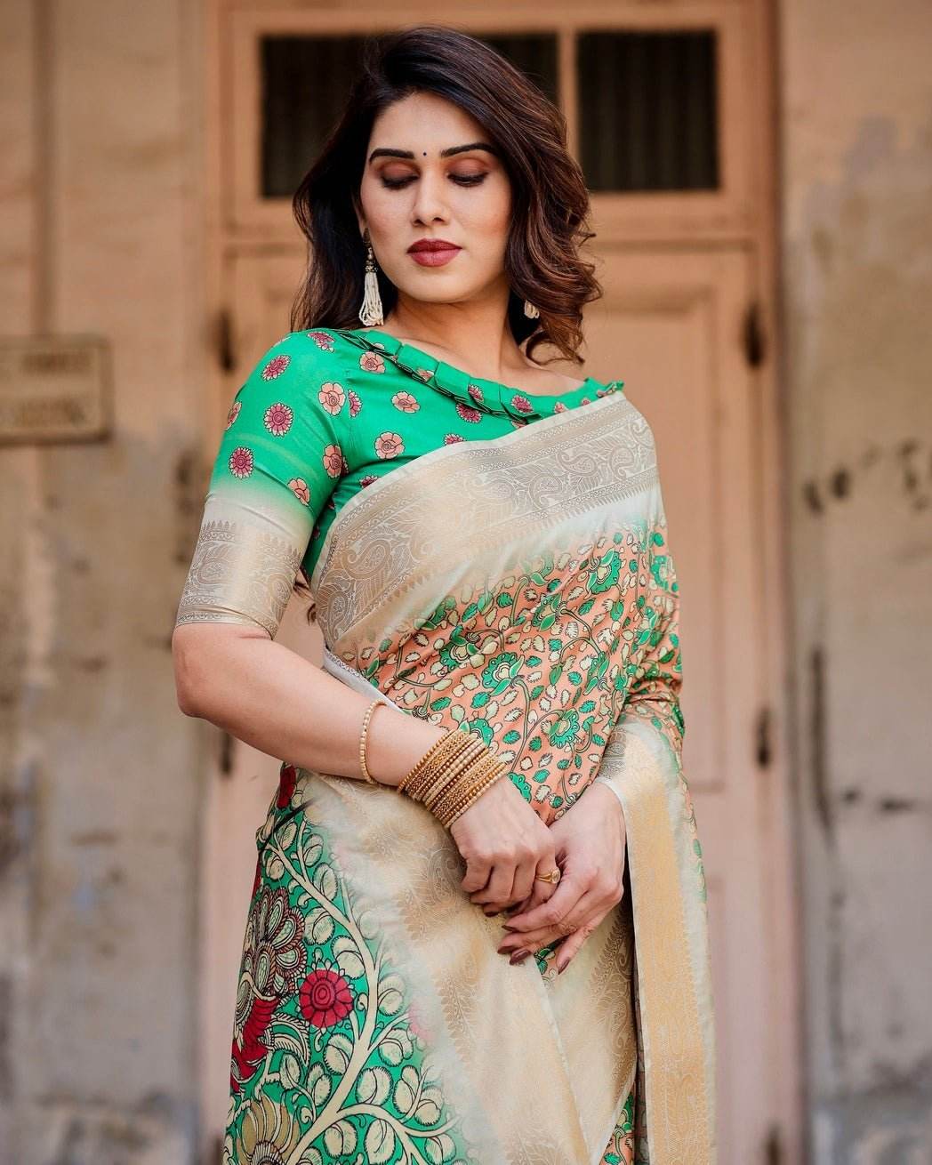 Emerald Green and Gold Tussar Silk Saree with Floral and Ornamental Motifs - SEEANS