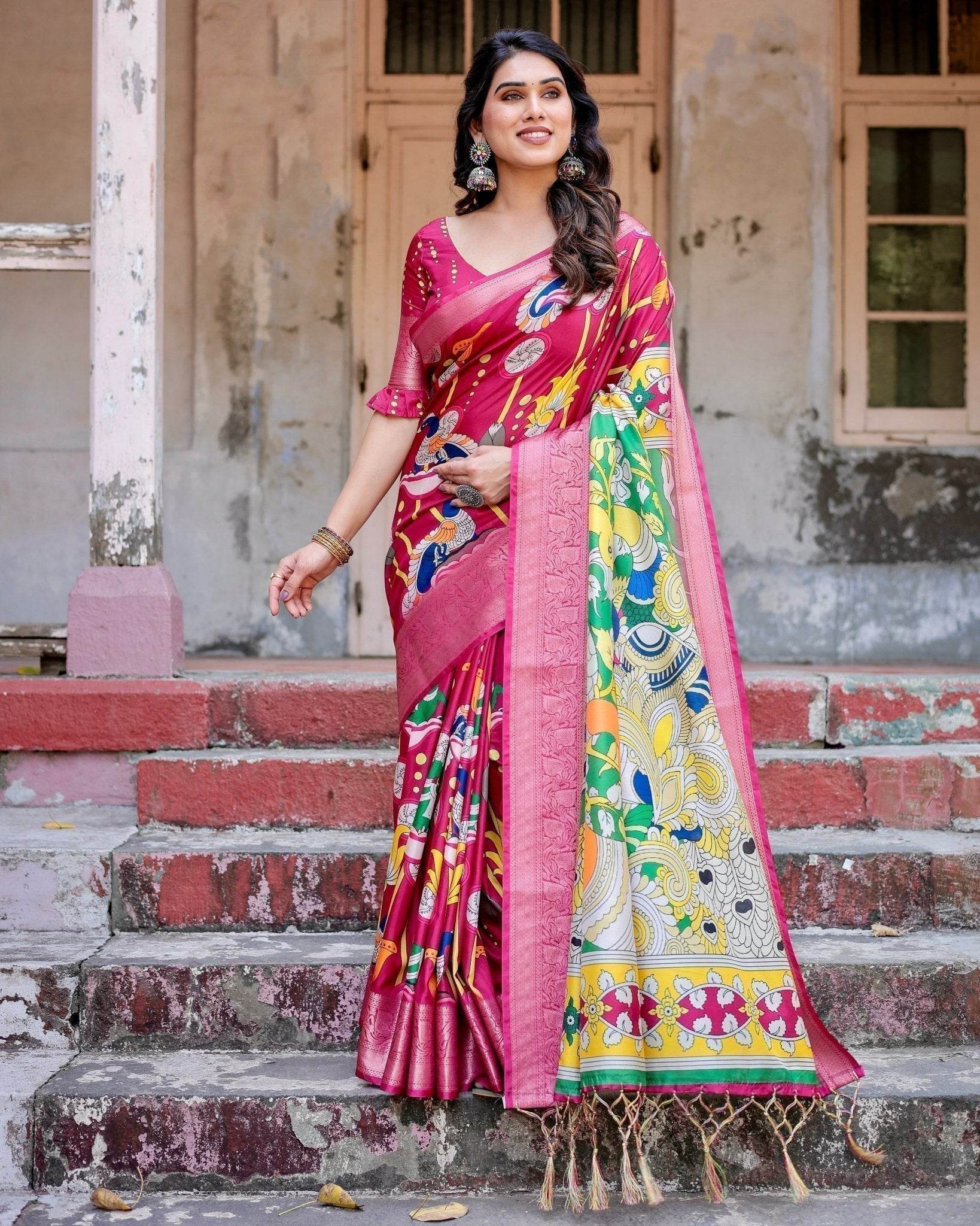 Magenta Tussar Silk Saree with Artistic Peacock & Floral Kalamkari Design - SEEANS