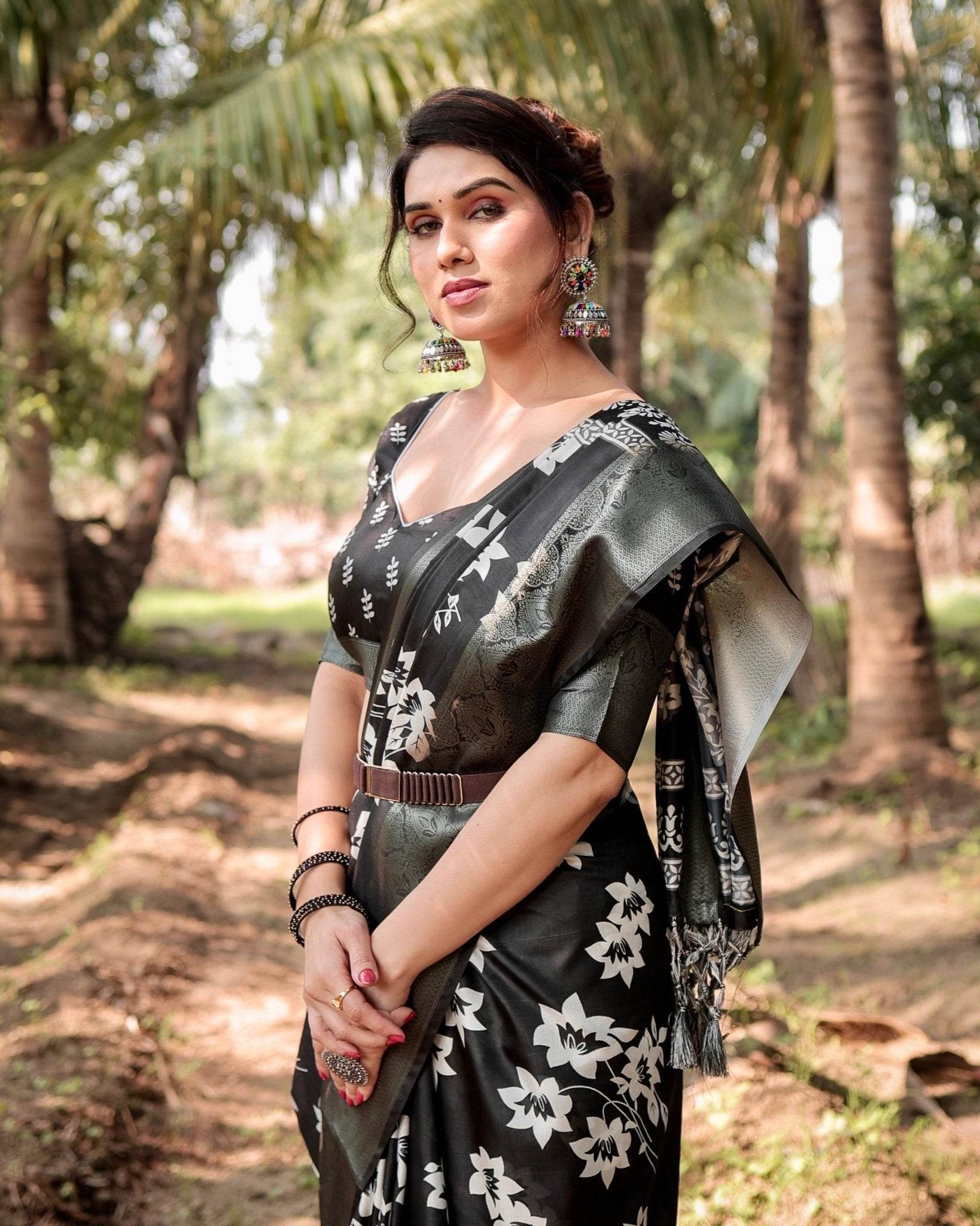 Elegant Black Tussar Silk Saree with Zari Embellished Border and Bold Floral Pallu - SEEANS