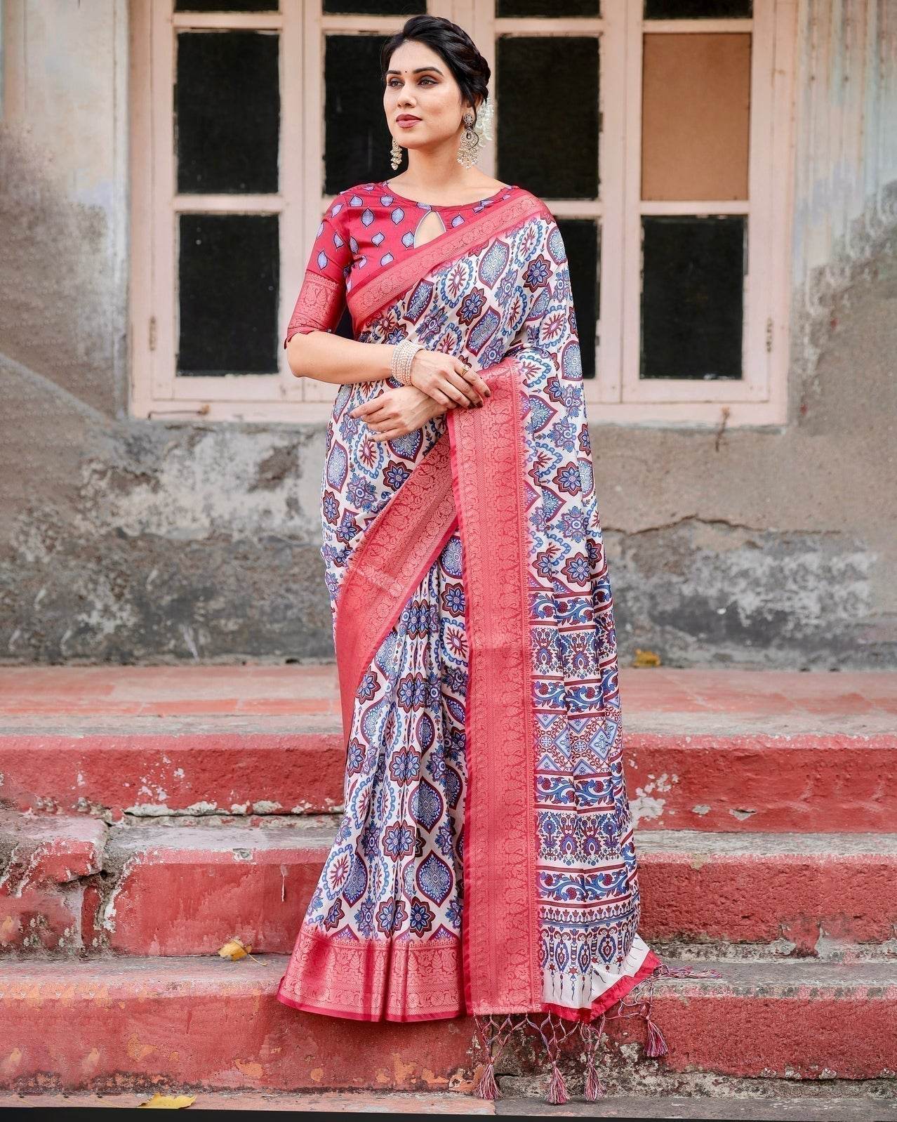 White and Red Tussar Silk Saree with Vibrant Floral Geometric Motifs and Ornamental Zari Border - SEEANS