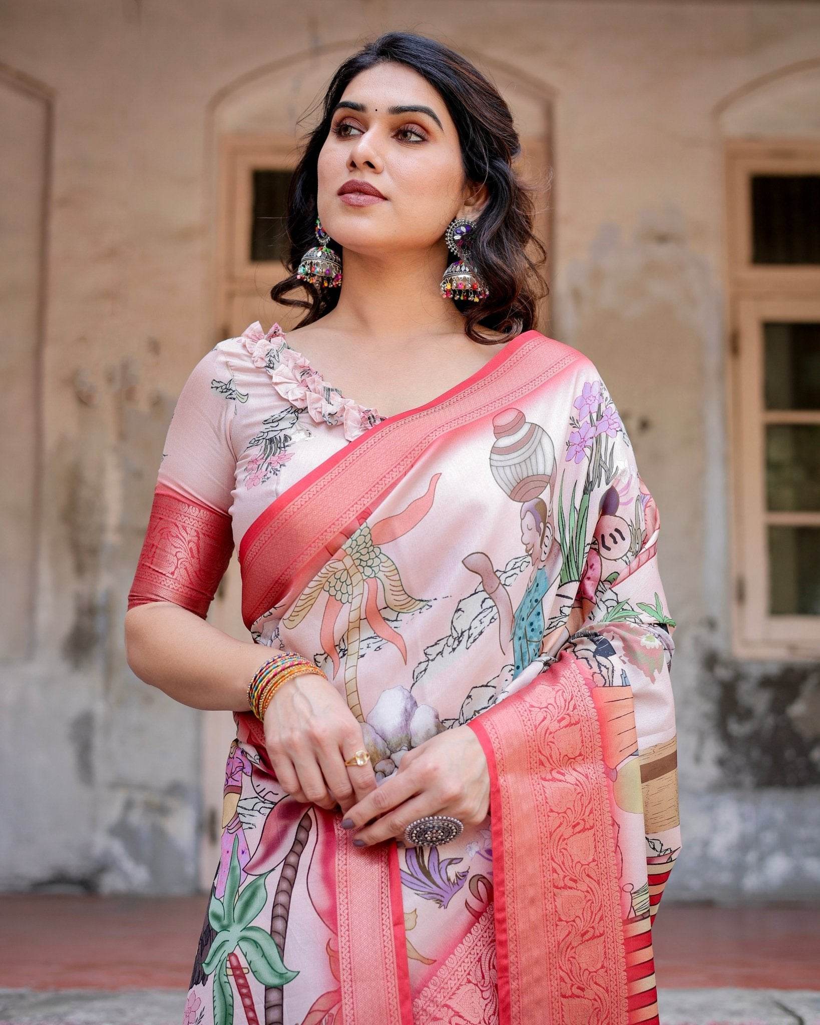 Blush Pink Digital Print Tussar Silk Saree with Vibrant Storyline Art - SEEANS