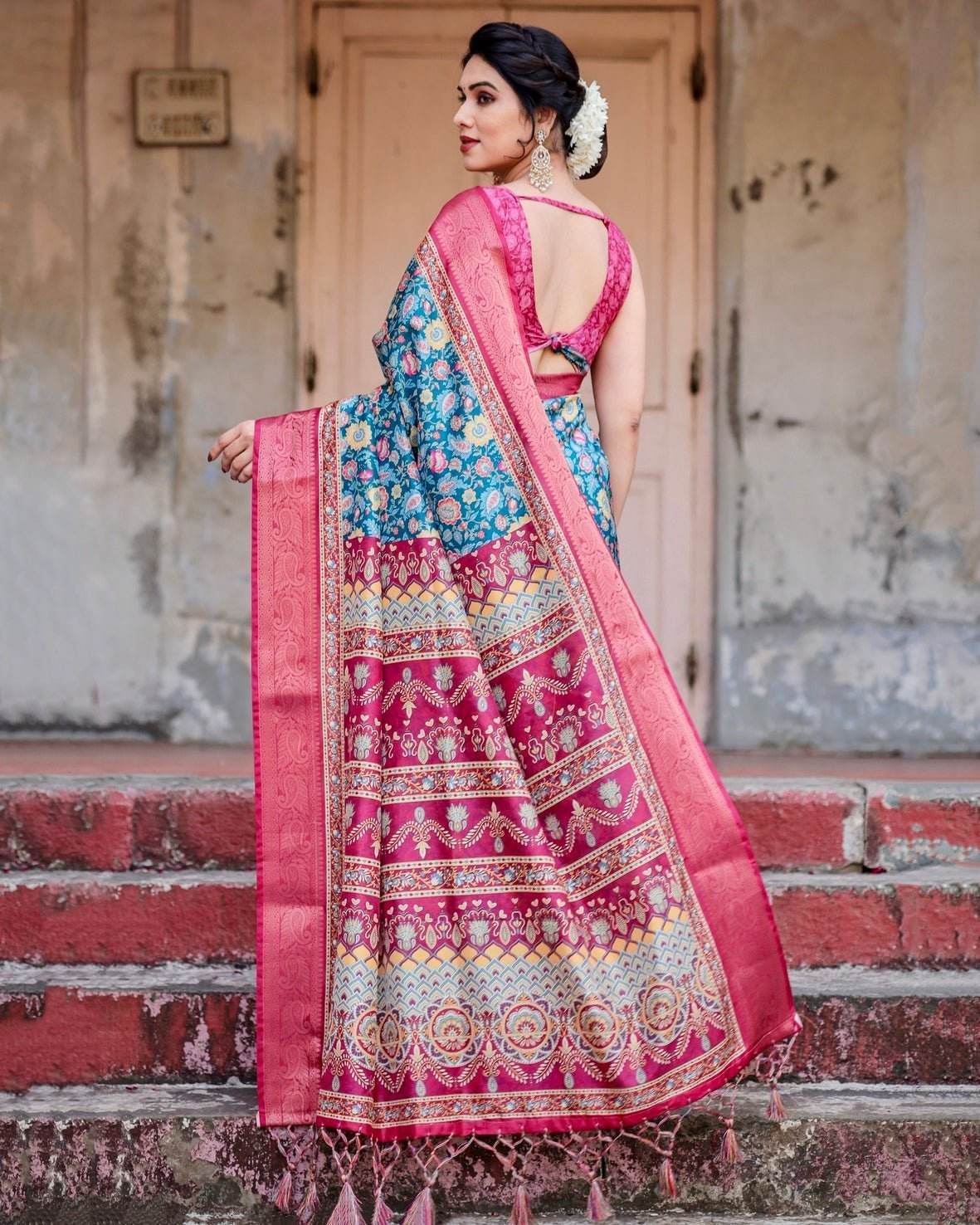 Teal Blue and Coral Tussar Silk Saree with Vibrant Floral Motifs and Ornamental Pallu - SEEANS