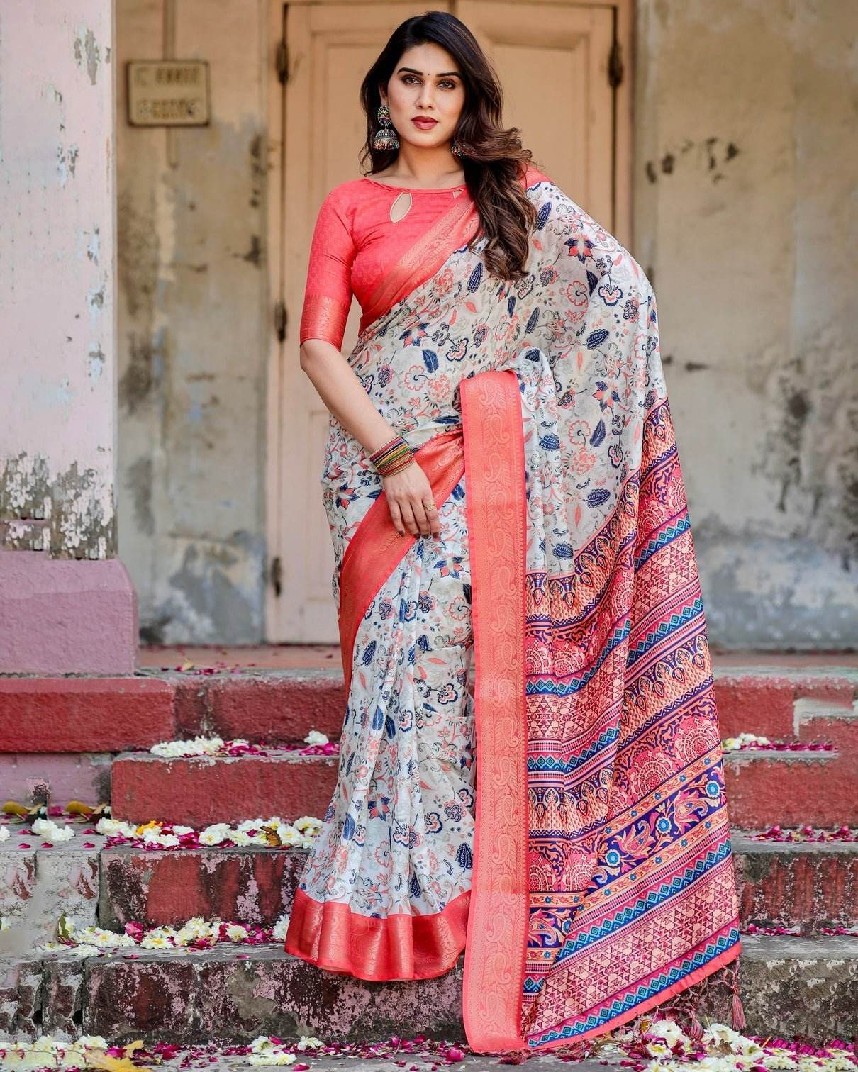 Ivory Tussar Silk Saree with Coral Zari Border and Intricate Floral Motifs - SEEANS