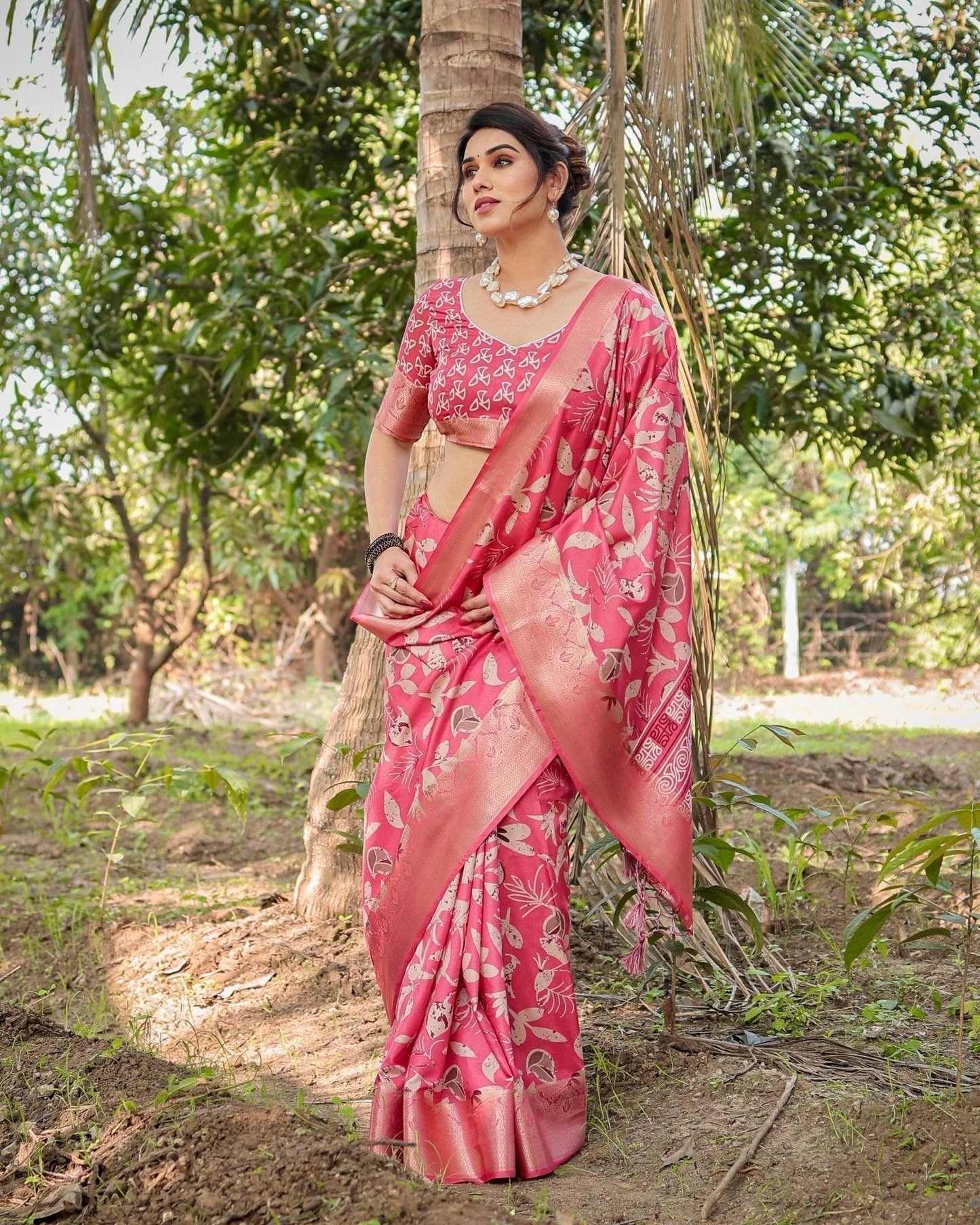 Vibrant Pink Tussar Silk Saree with Intricate Zari Border and Modern Floral Pallu - SEEANS