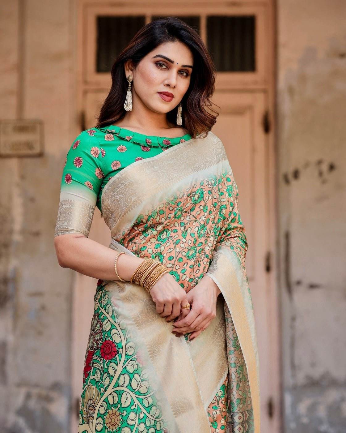 Emerald Green and Gold Tussar Silk Saree with Floral and Ornamental Motifs - SEEANS