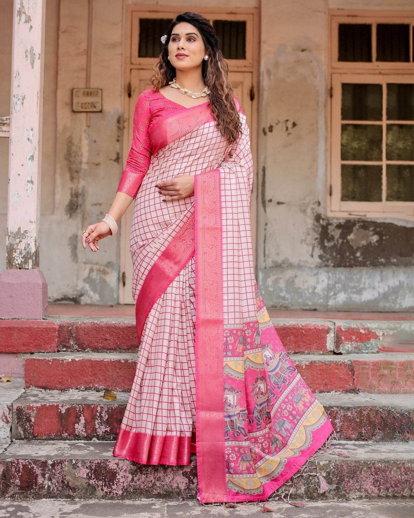 Pink and Ivory Tussar Silk Saree with Golden Zari Border and Majestic Elephant Motif Pallu - SEEANS