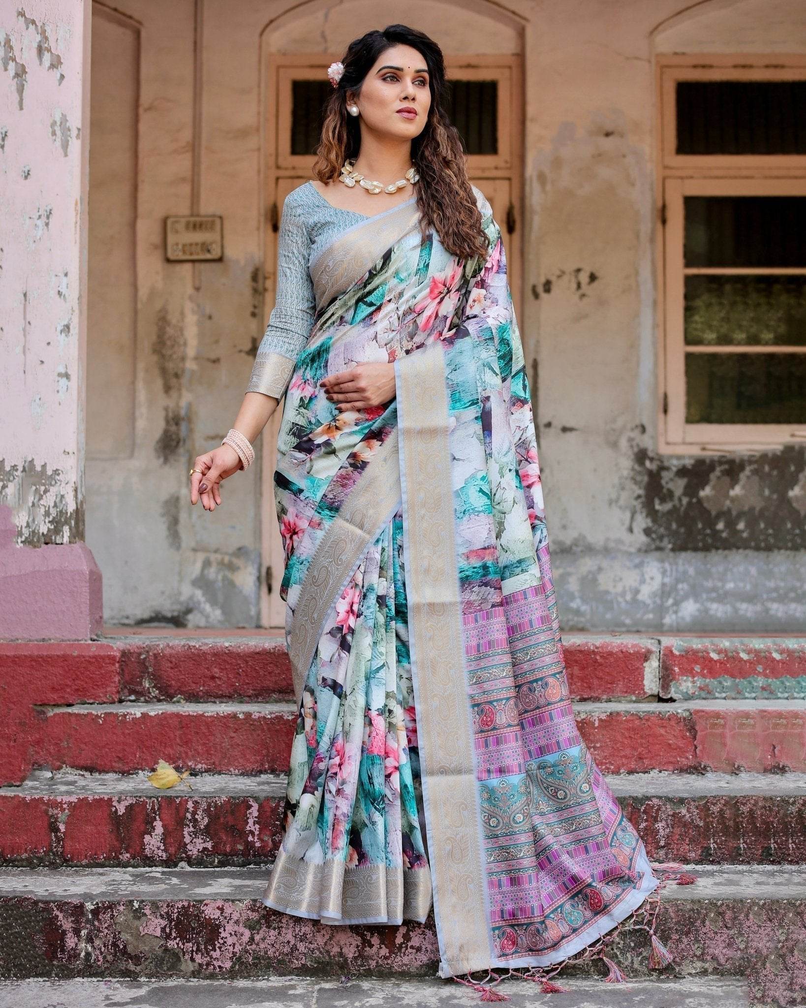 Graceful Floral Digital Print Saree with Gold Paisley Border and Multicolor Pallu - SEEANS