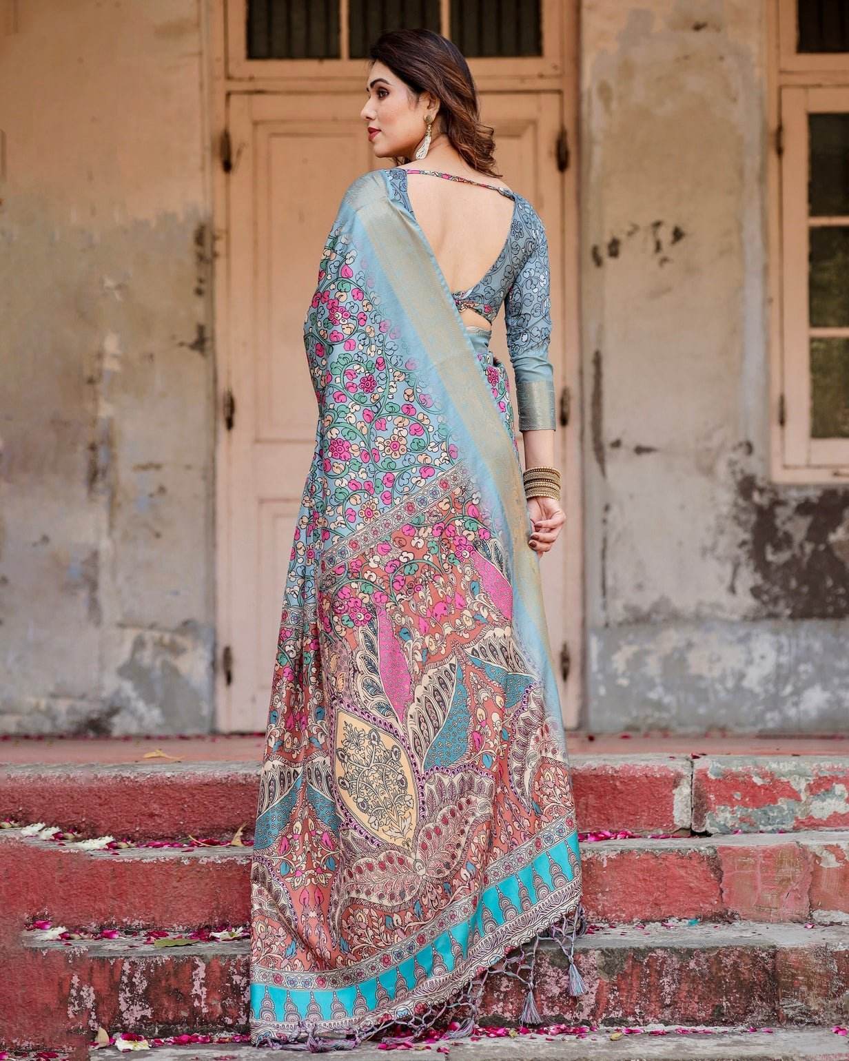 Sky Blue Tussar Silk Saree with Floral Weaves and Ornamental Pallu Design - SEEANS